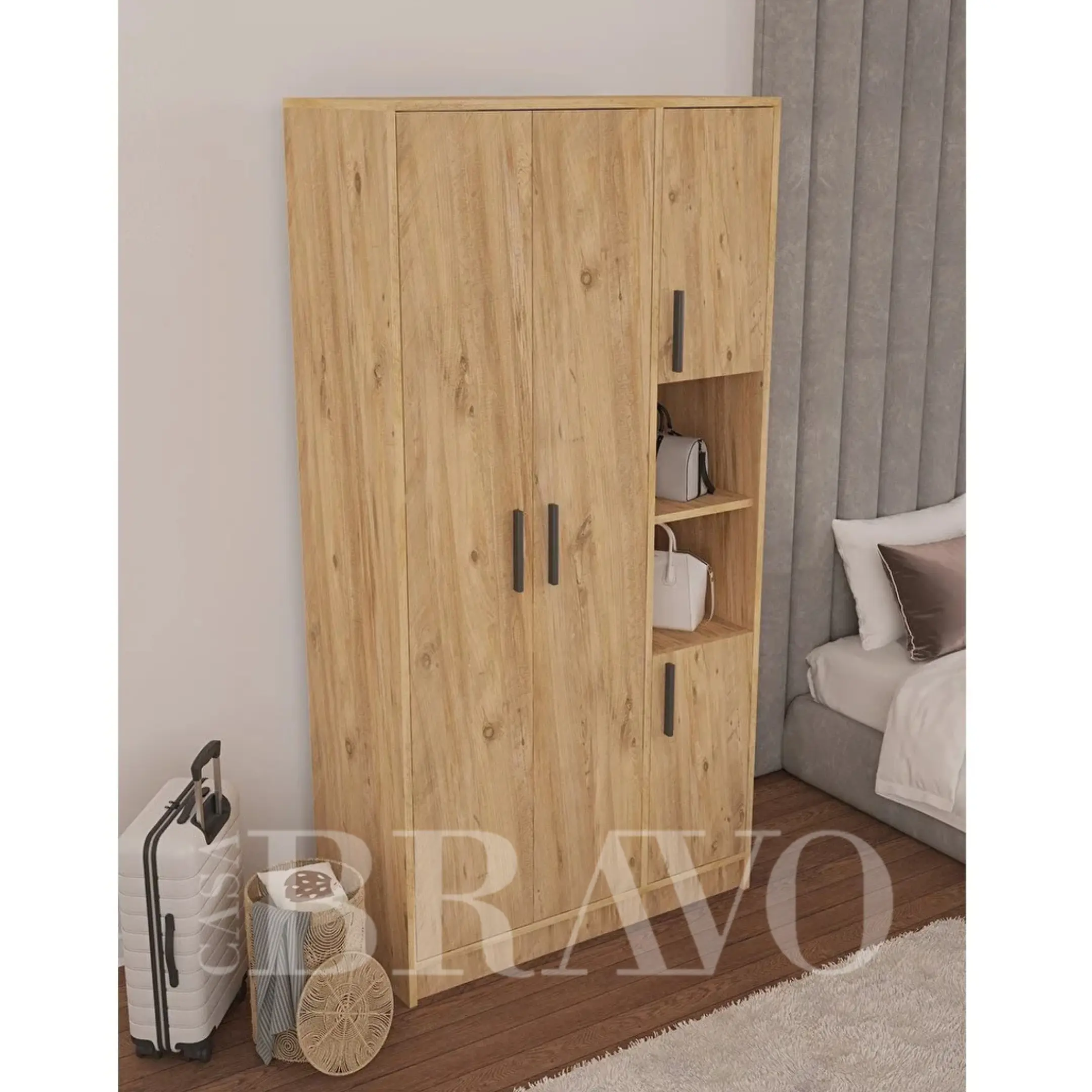 خزانة ملابس خشبية حديثة بثلاثة أبواب وأرفف مفتوحة - لمسة نهائية من خشب البلوط الطبيعي