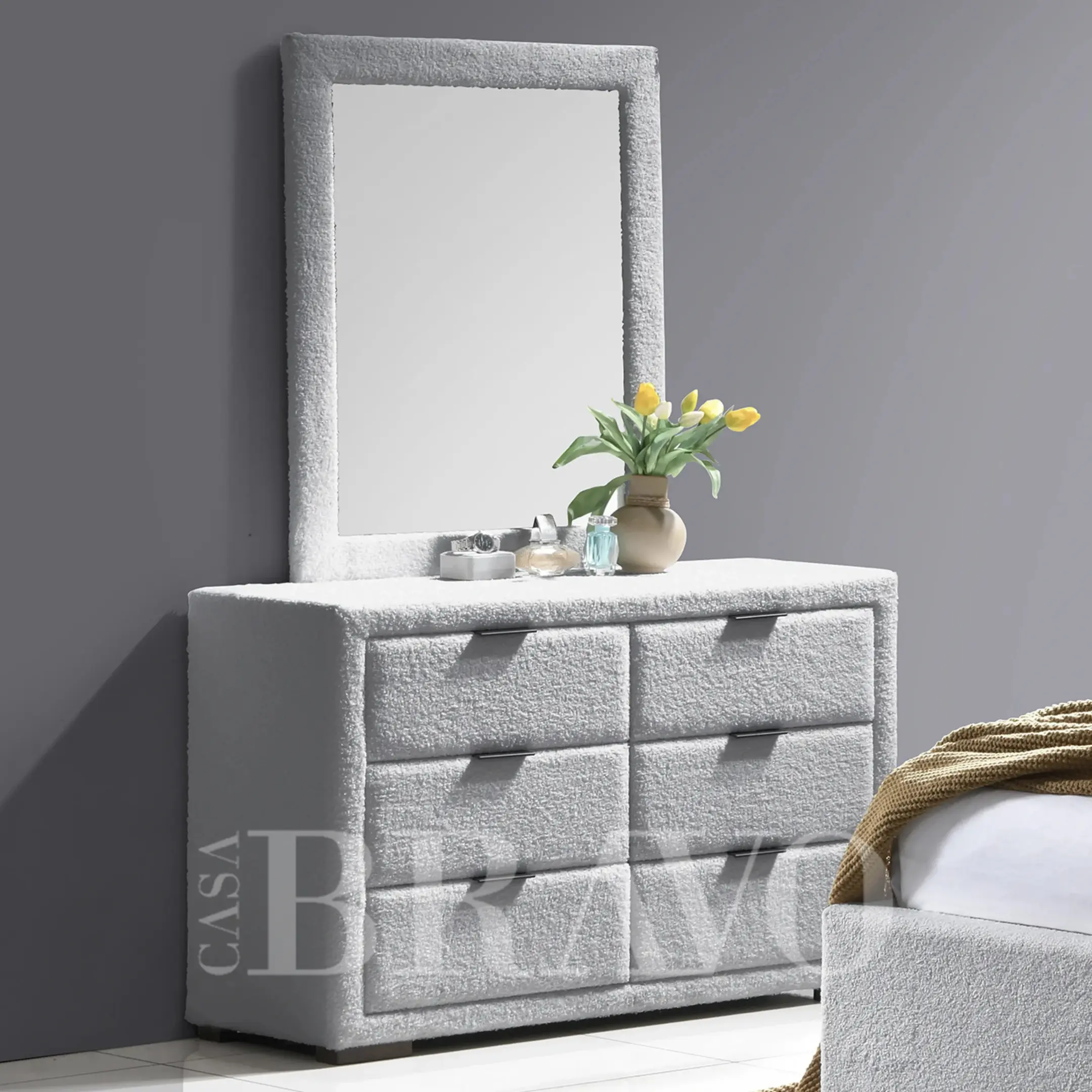 خزانة ملابس مُنجّدة مع مرآة | صندوق تخزين قماشي بستة أدراج لغرفة النوم