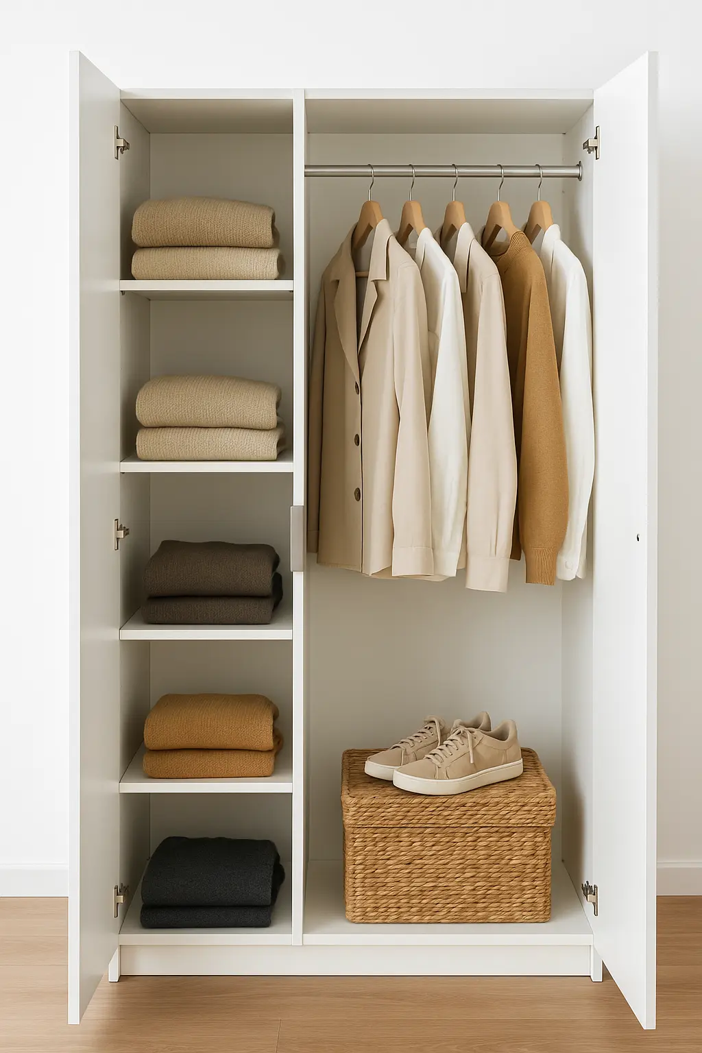 مجموعة خزانة ملابس عصرية باللون الأبيض - تخزين أنيق وتنظيم ذكي
الطول ١٢٠ × الارتفاع ٢٠٠ × العمق ٦٠ سم