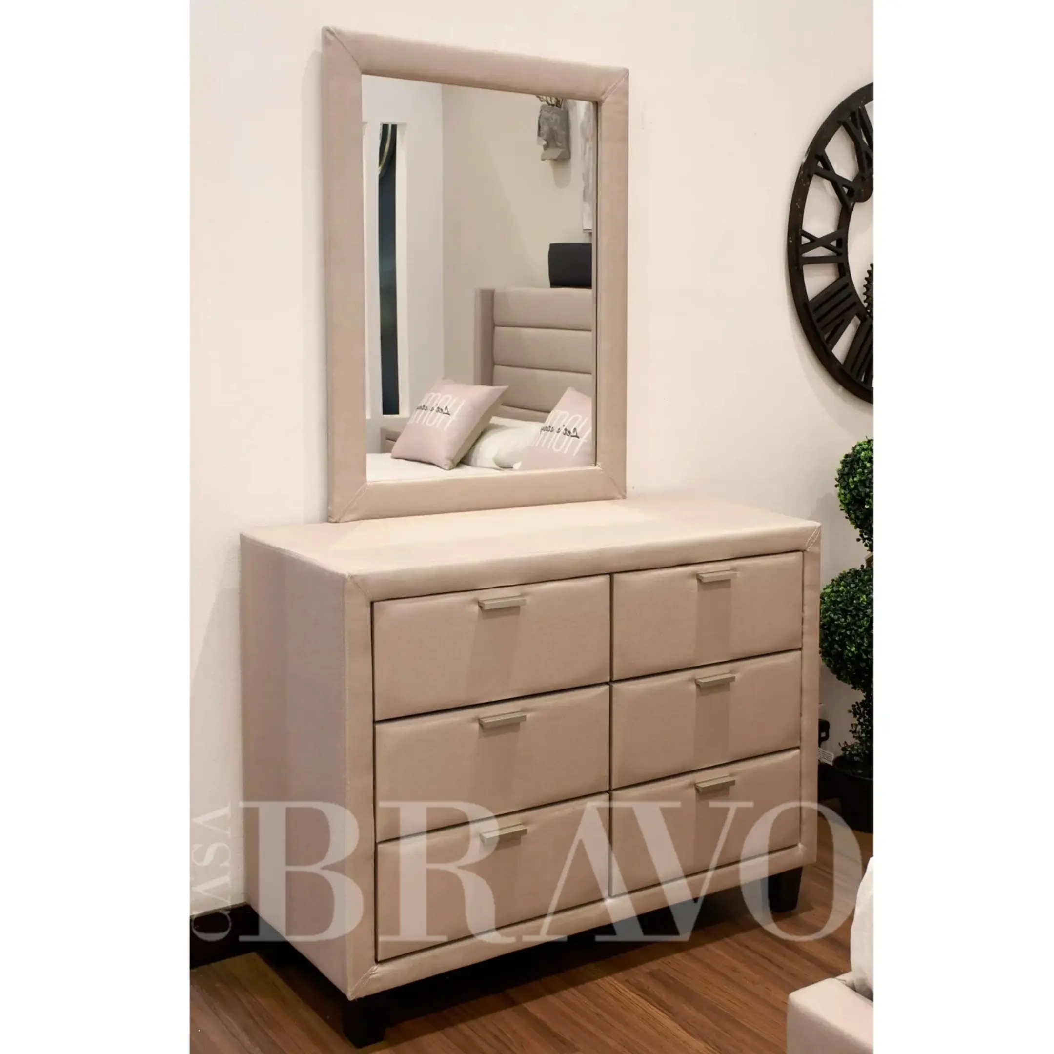 خزانة ملابس مُنجّدة مع مرآة | صندوق تخزين قماشي بستة أدراج لغرفة النوم