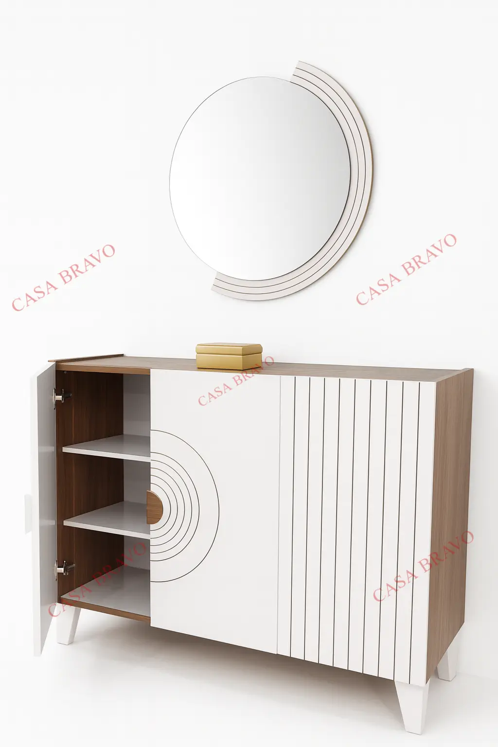 طاولة كونسول عصرية فاخرة باللون الأبيض والخشب مع مرآة - كازا برافو