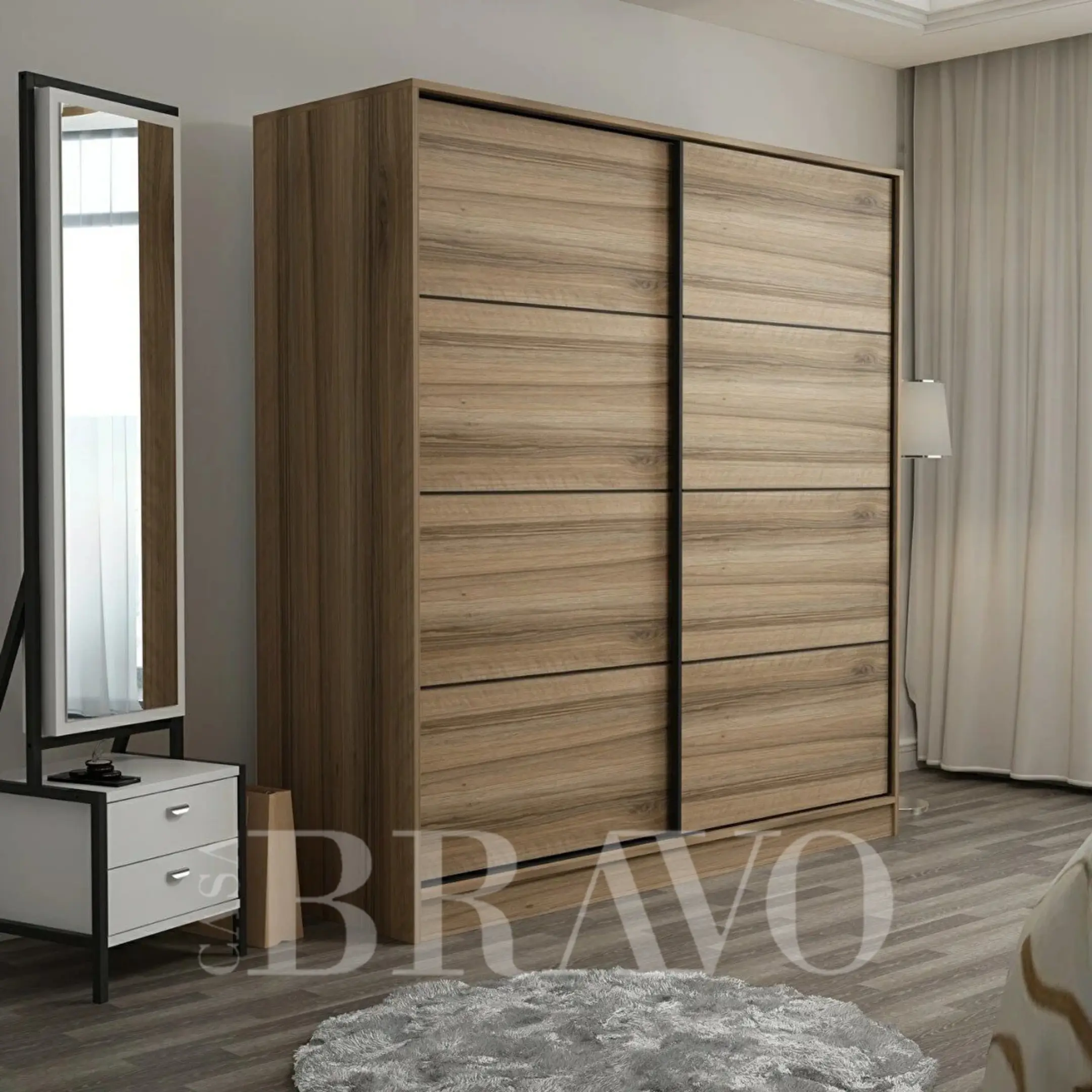 خزانة ملابس عصرية بباب منزلق - ١٨٠ سم × ٢١٠ سم × ٦٠ سم | مساحة تخزين واسعة مع قضبان تعليق وأرفف وأدراج