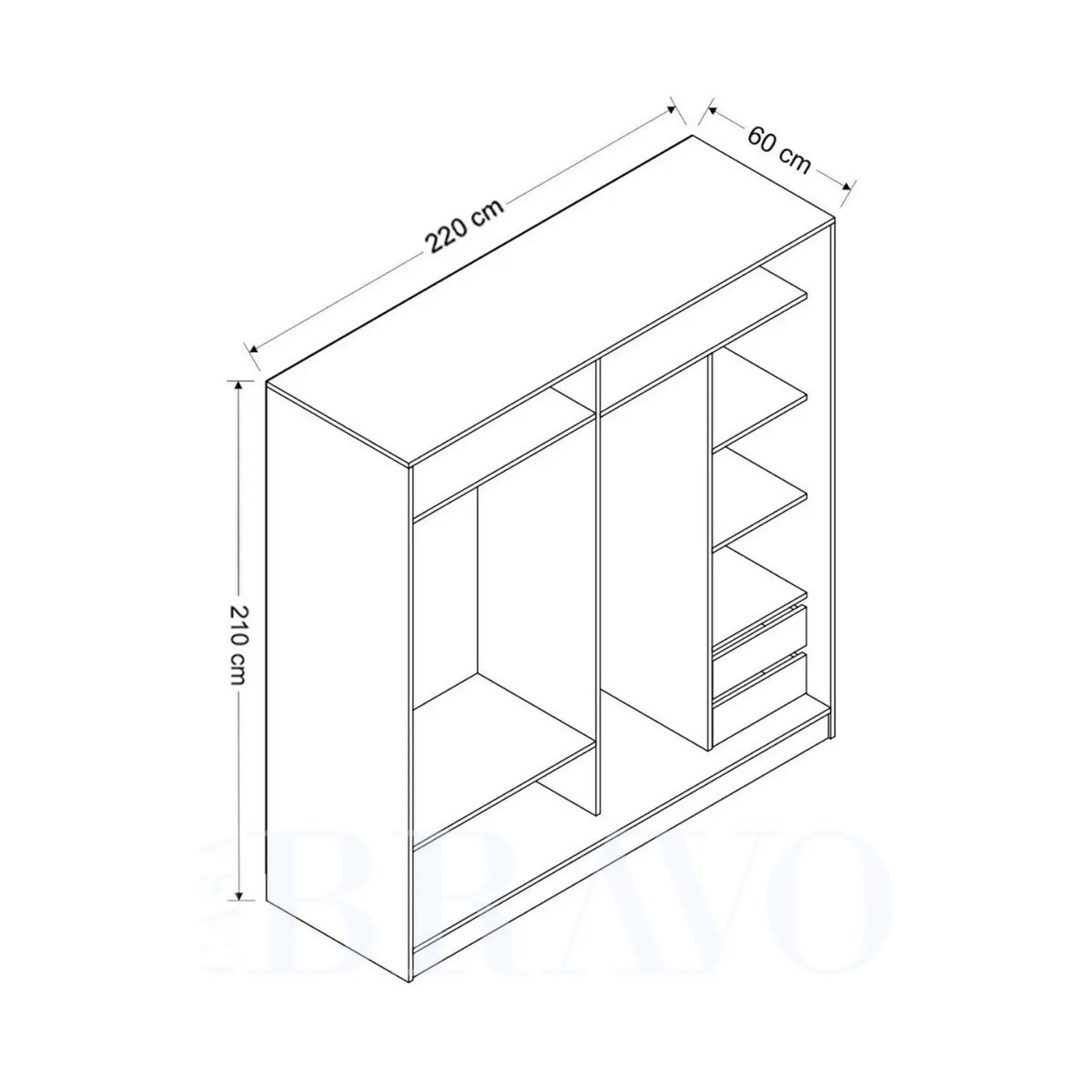 خزانة ملابس عصرية منزلقة ذات بابين ومرآة - الطول 220 سم × الارتفاع 210 سم × العمق 60 سم