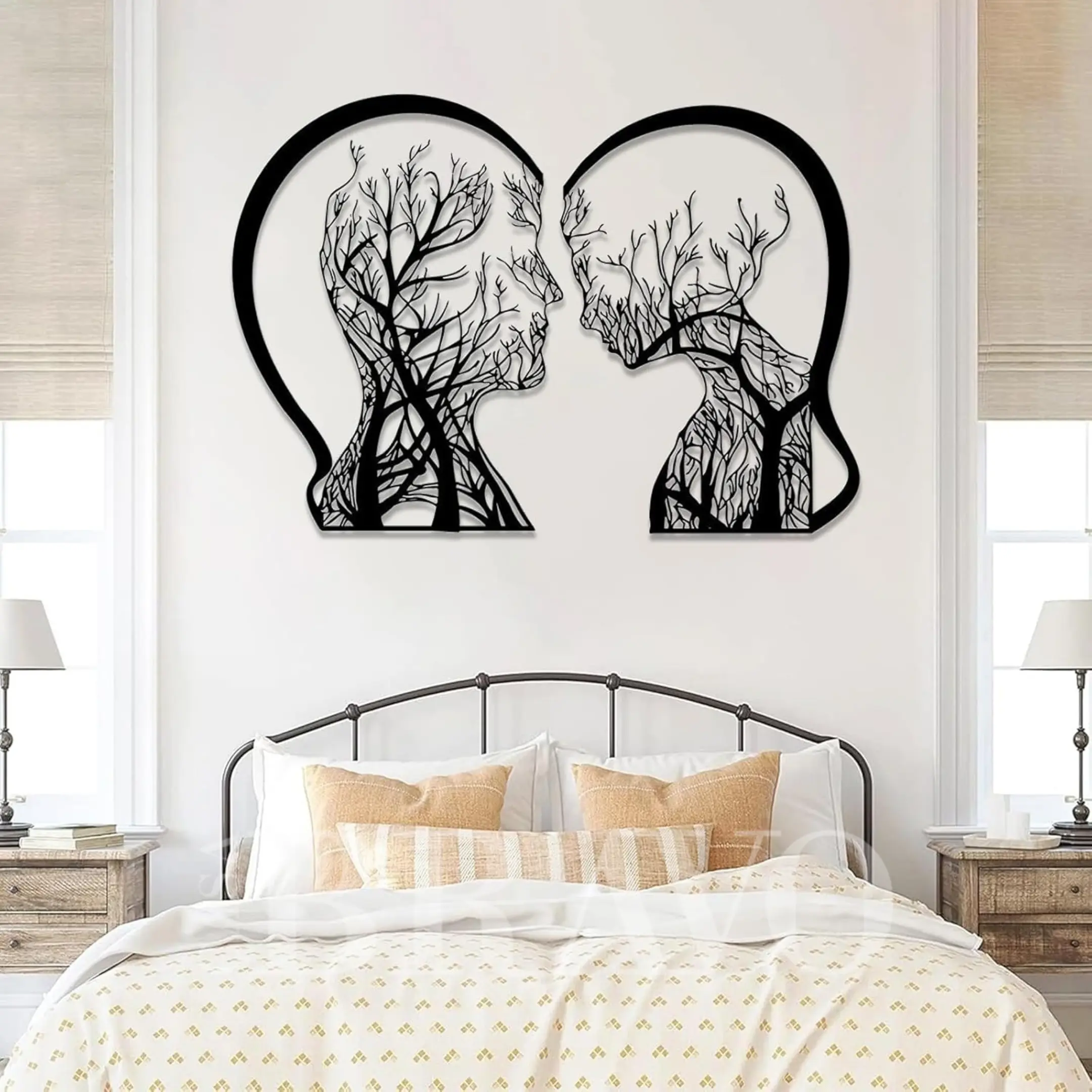 لوحة فنية جدارية من لوح متوسط ​​الكثافة (MDF) لصورة ظلية لزوجين مع أغصان شجرة - ديكور منزلي رومانسي مستوحى من الطبيعة