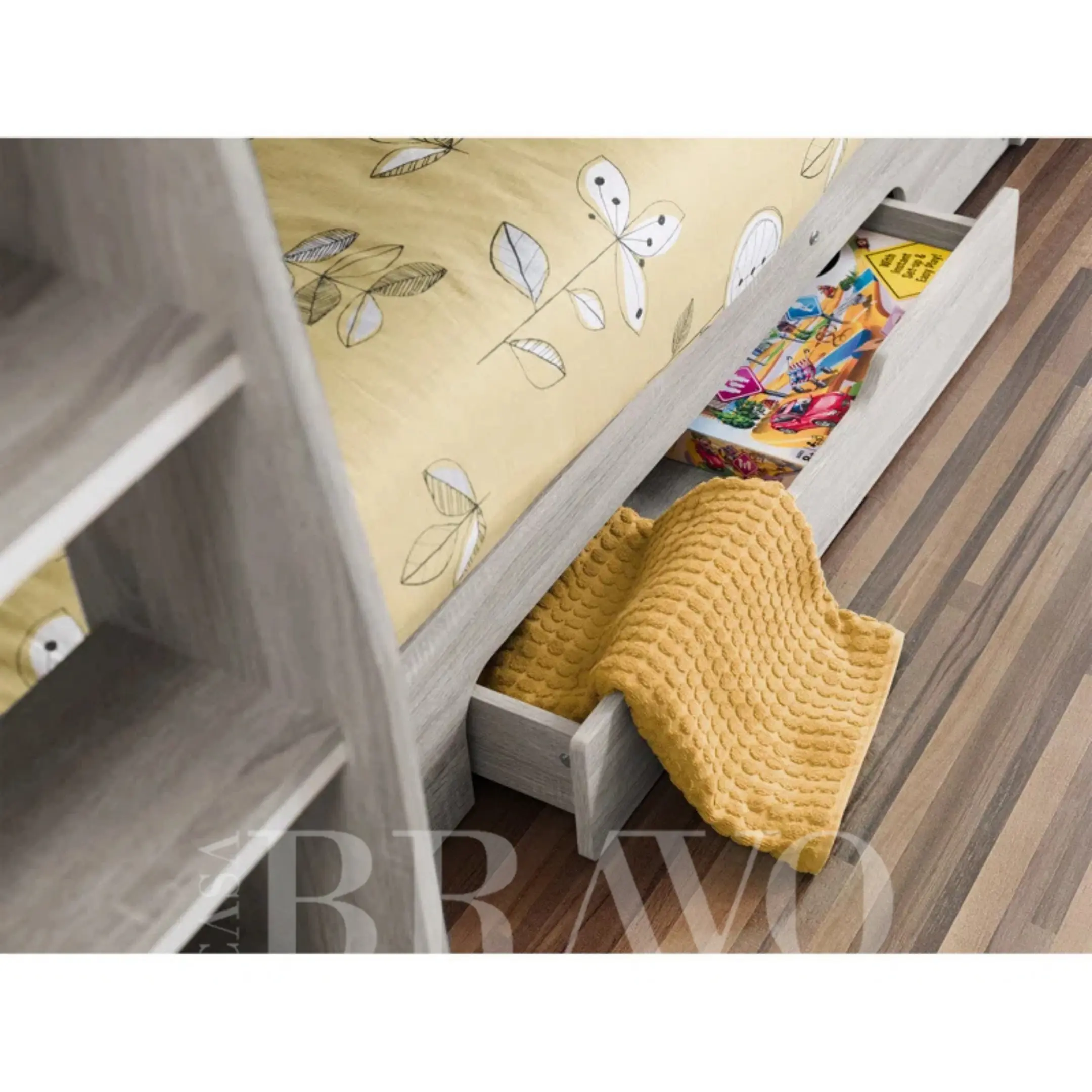 سرير بطابقين حديث باللون الأبيض مع درج تخزين ورفوف - 90×200 سم