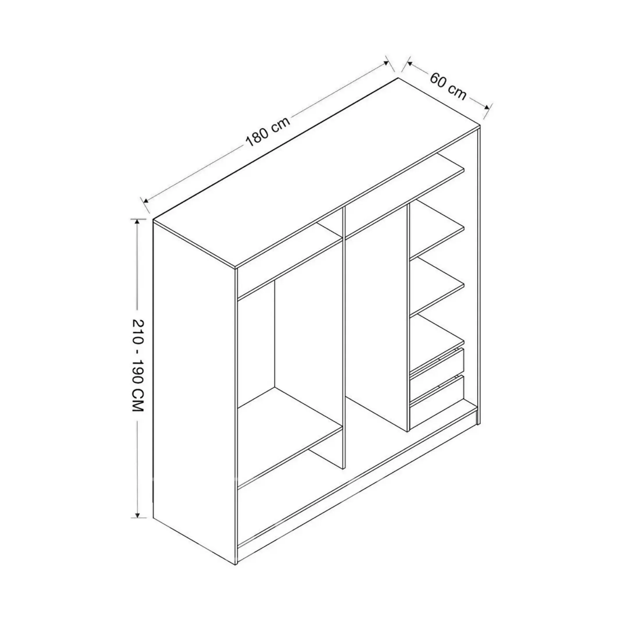 خزانة ملابس عصرية بباب منزلق - ١٨٠ سم × ٢١٠ سم × ٦٠ سم | مساحة تخزين واسعة مع قضبان تعليق وأرفف وأدراج