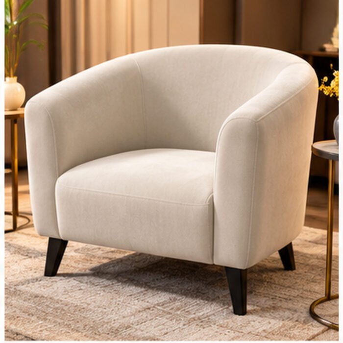 Off-White Curved Accent Armchair with Wraparound Backrest and Padded Seat
