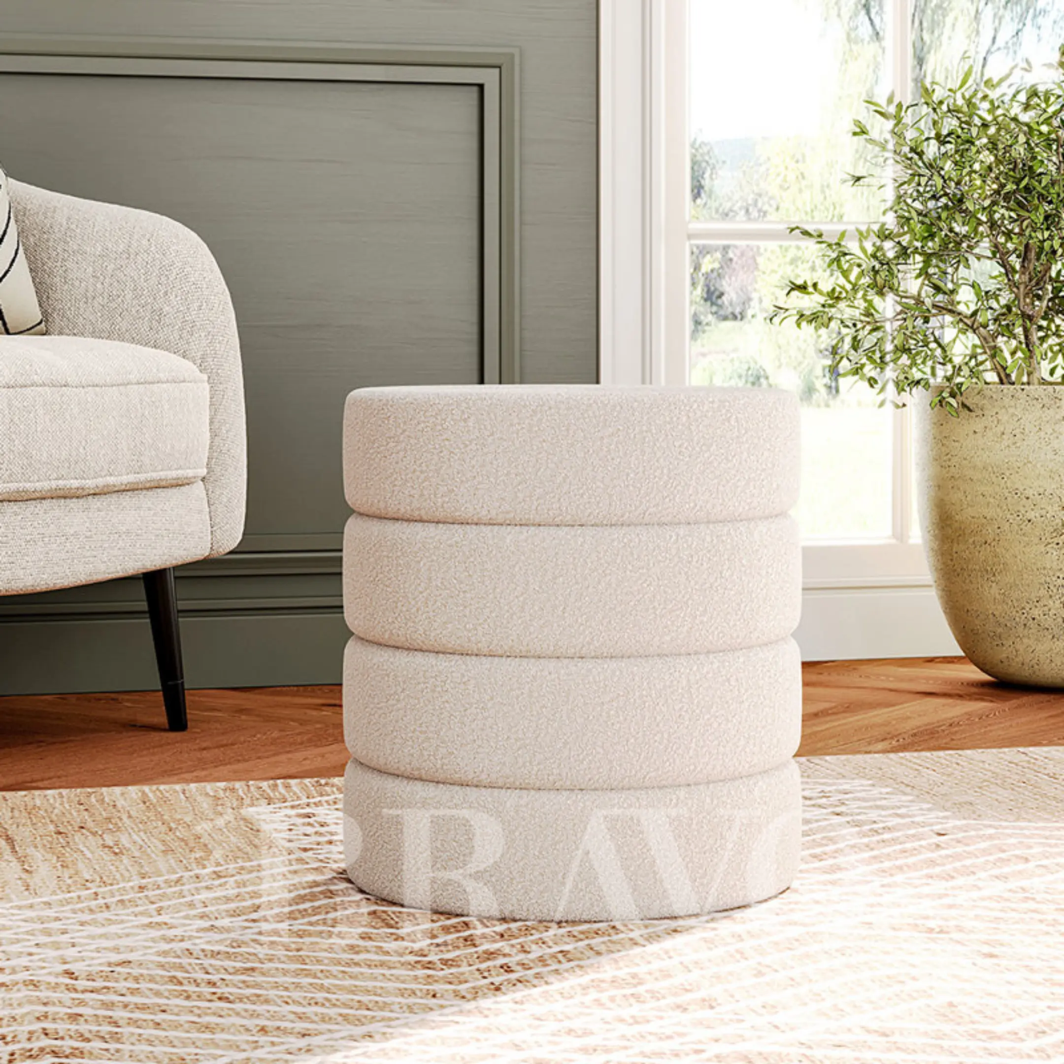 Modern Round Bouclé Ottoman Stool – 43 x 46 CM