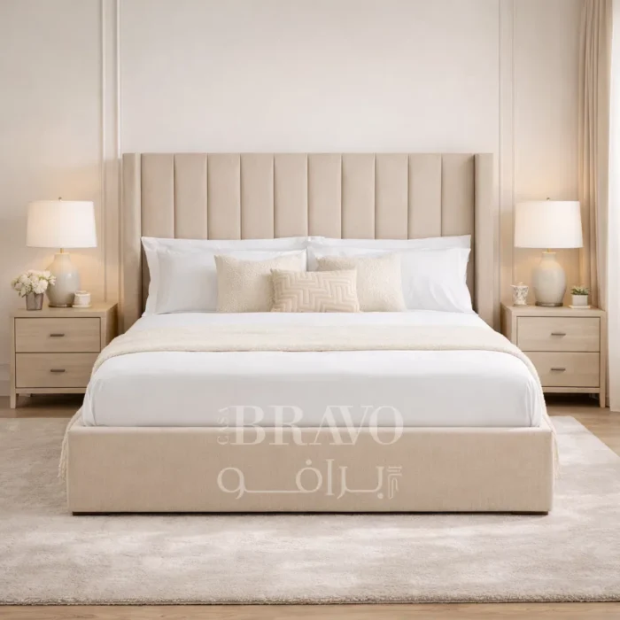 CalmaLuxe Bed – Neutral Harmony with Sculpted Elegance