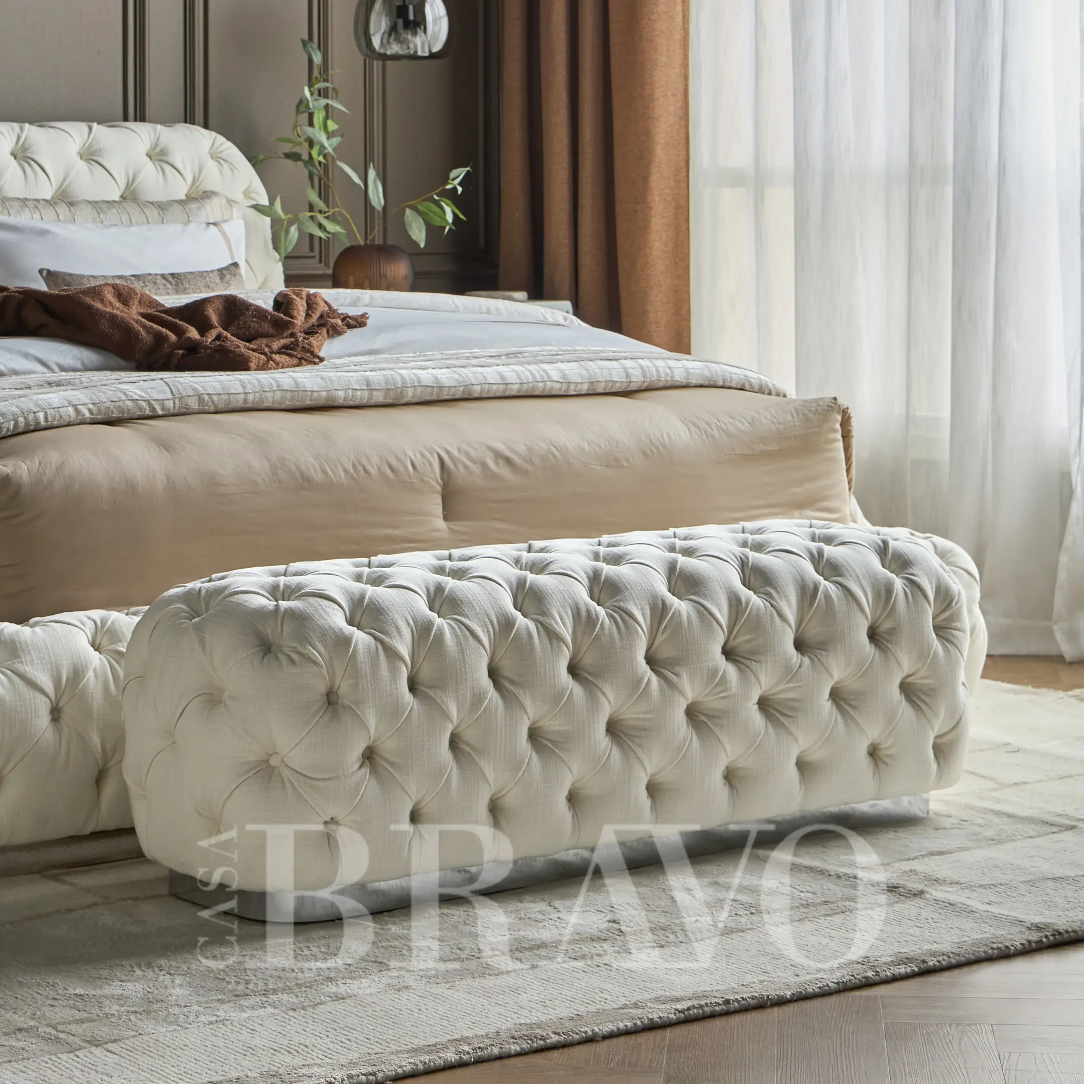 Luxurious Bench & Poufs Set – Elegant Upholstered Bedroom Furniture