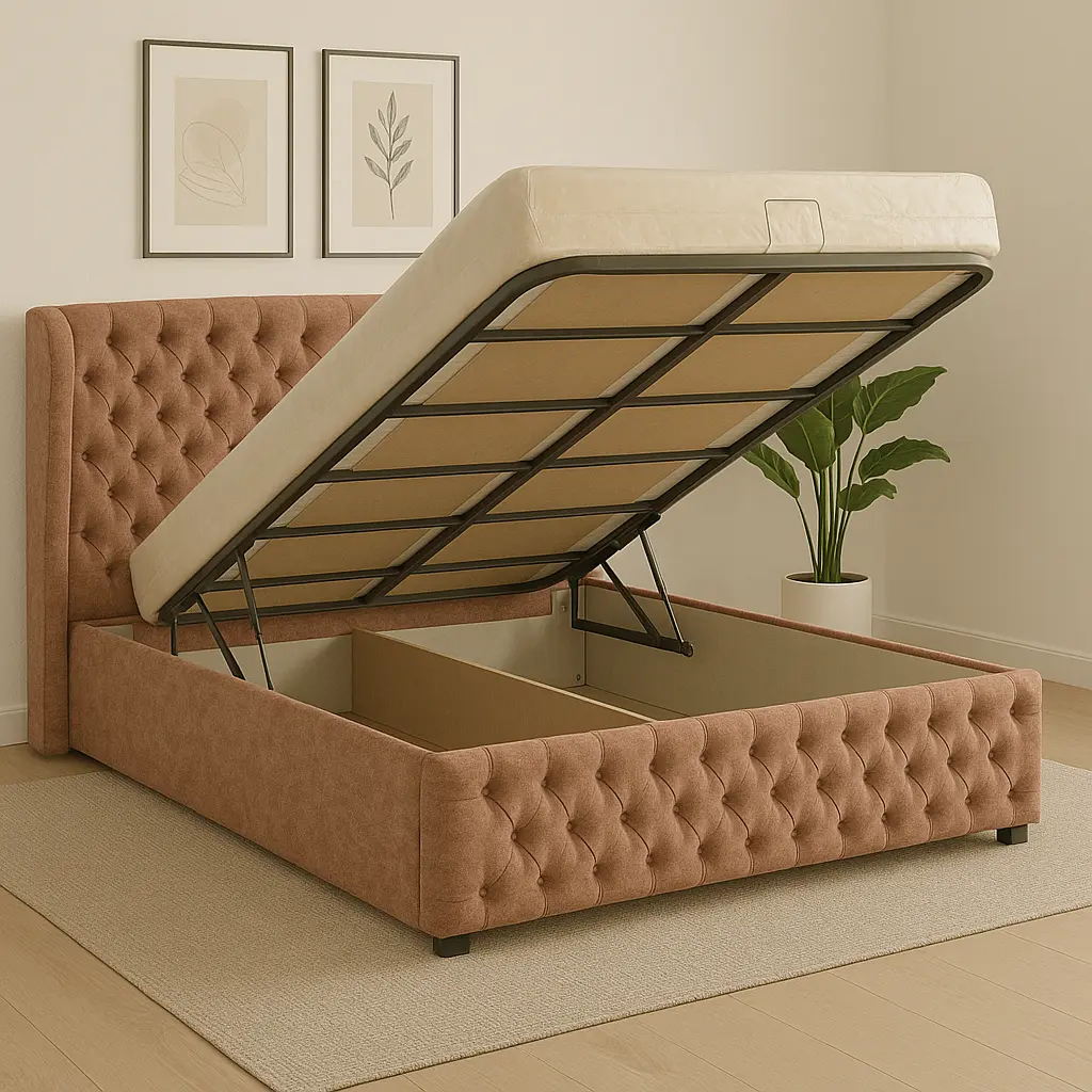 High-quality, practical bed frame: Soft bed with a hydraulic storage mechanism