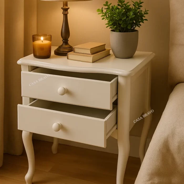Modern white Side Table with 2-Drawer with 4-legs – Nero Nightstand