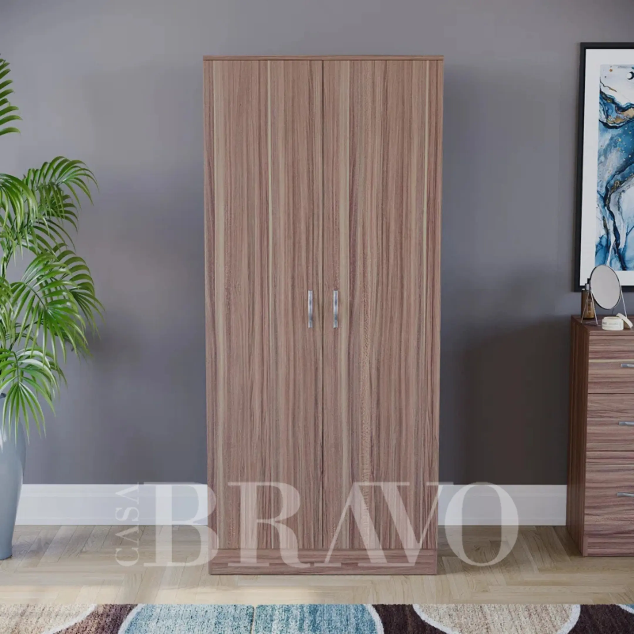 Modern Wooden 2-Door Wardrobe with Hanging Rail & Shelf – Compact Storage Solution