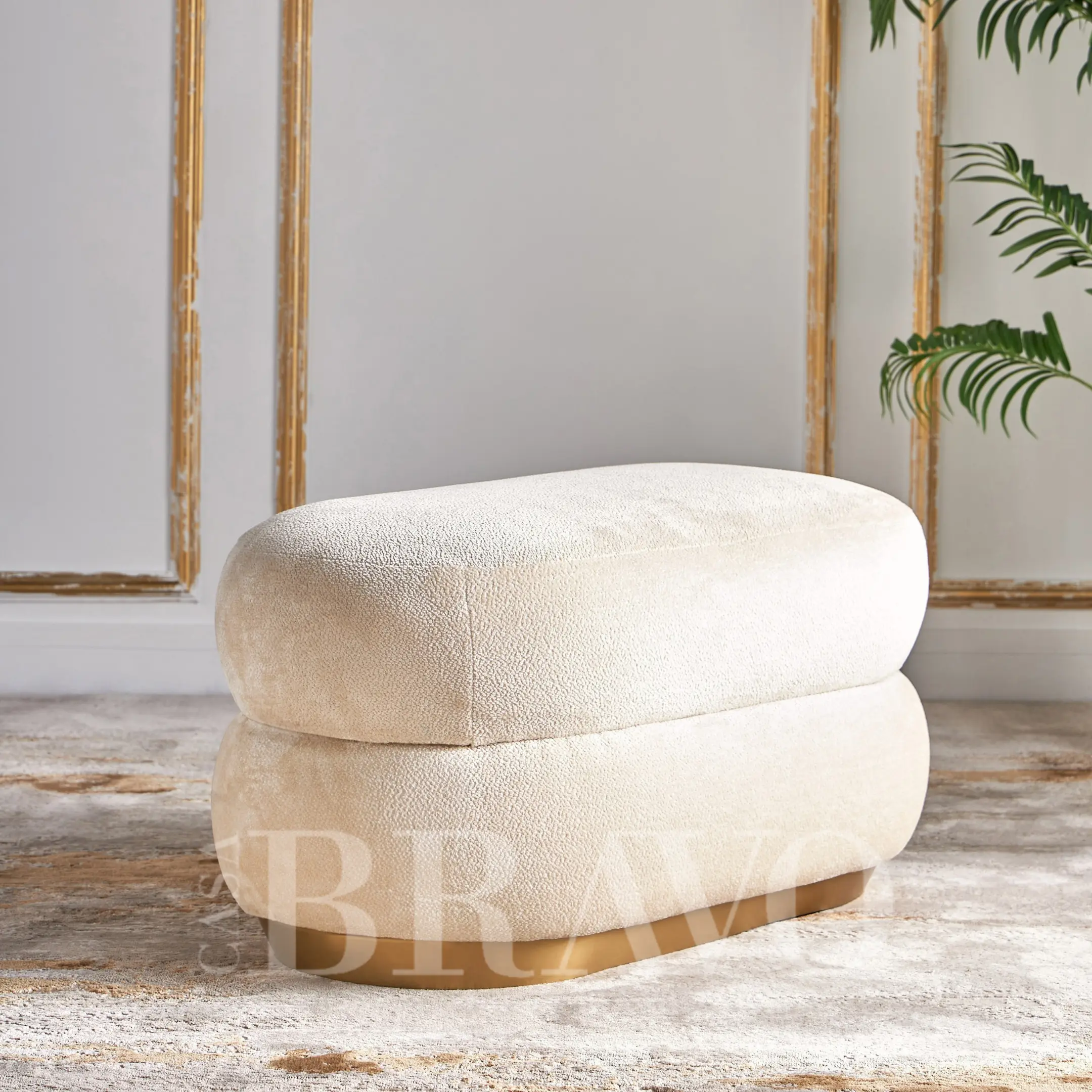 Luxurious Oval Upholstered Ottoman Bench with Gold Base - Modern Statement Piece