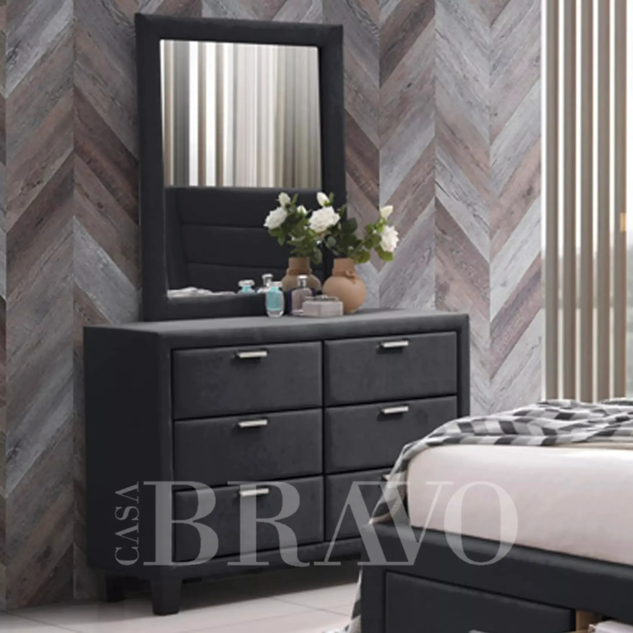 Upholstered wardrobe with mirror | Six-drawer fabric storage box for bedroom