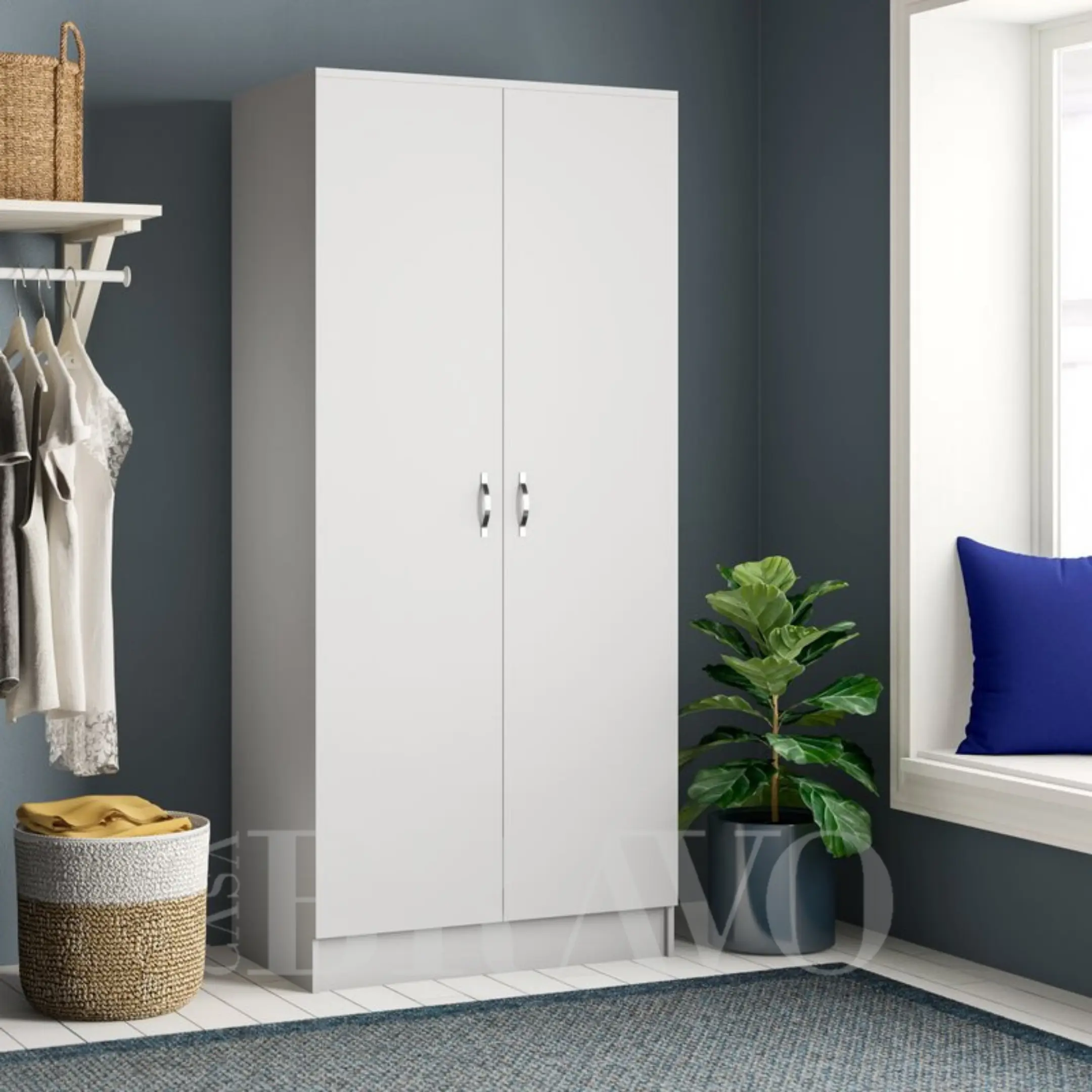 Modern White 2-Door Wardrobe with Hanging Rail & Shelf Storage