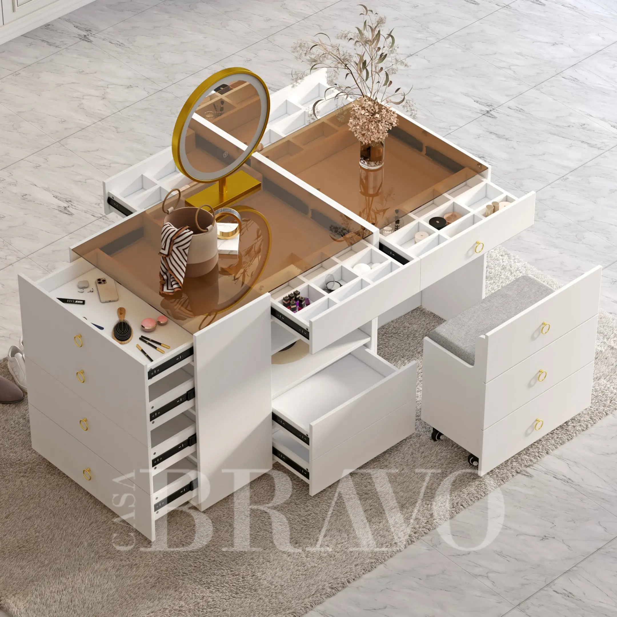 White decorative island with hidden storage chair and tempered glass top | Luxury Collection