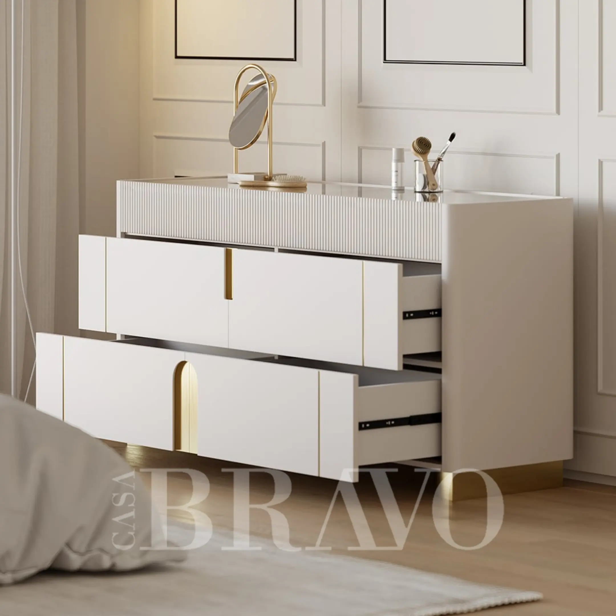 Modern white console table with gold accents and a marble top - CASA BRAVO