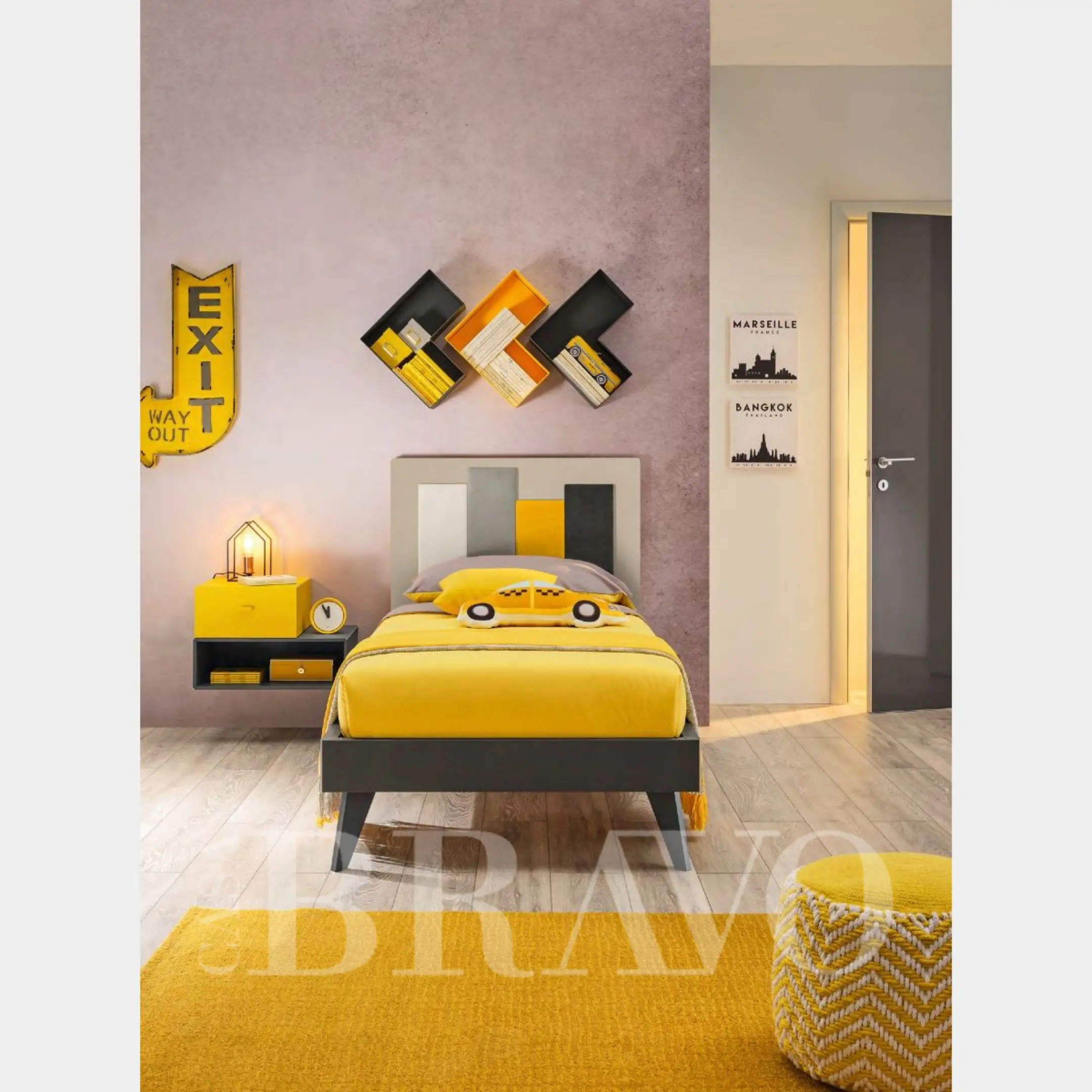 Modern Urban Adventure Kids Bed - Yellow & Grey Taxi Theme with Storage 120*200 cm
