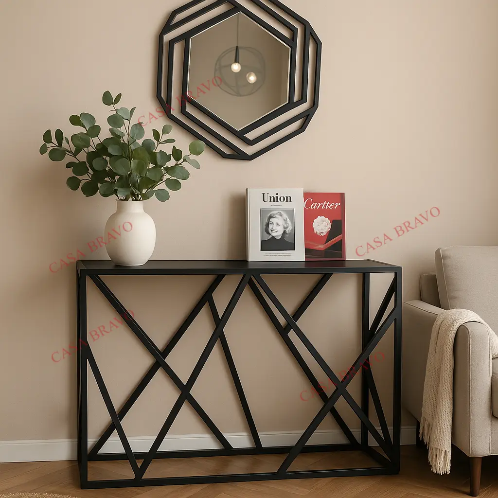 Modern Geometric Black Console Table with Mirror – Casa Bravo Furniture