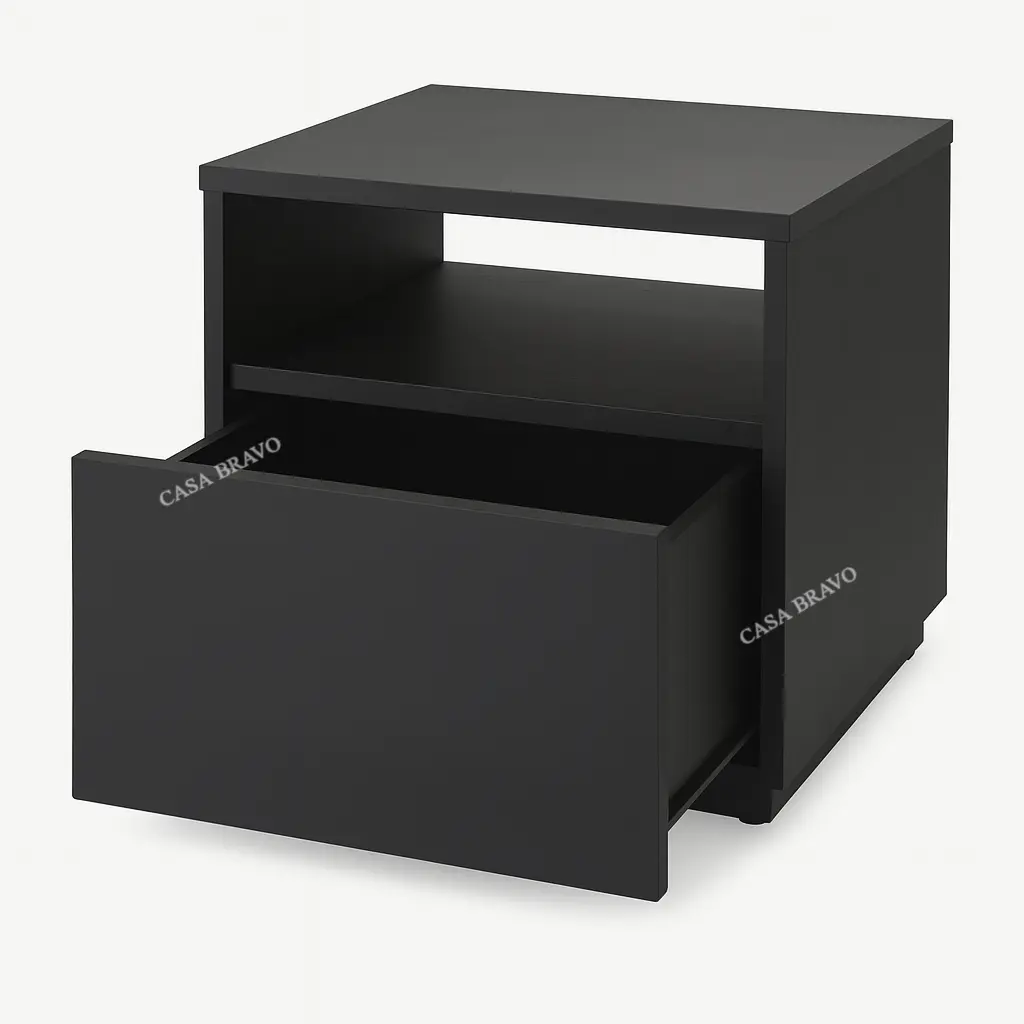 Modern Black Side Table with Drawer & Open Shelf – Minimalist Nightstand for Bedroom or Living Room
