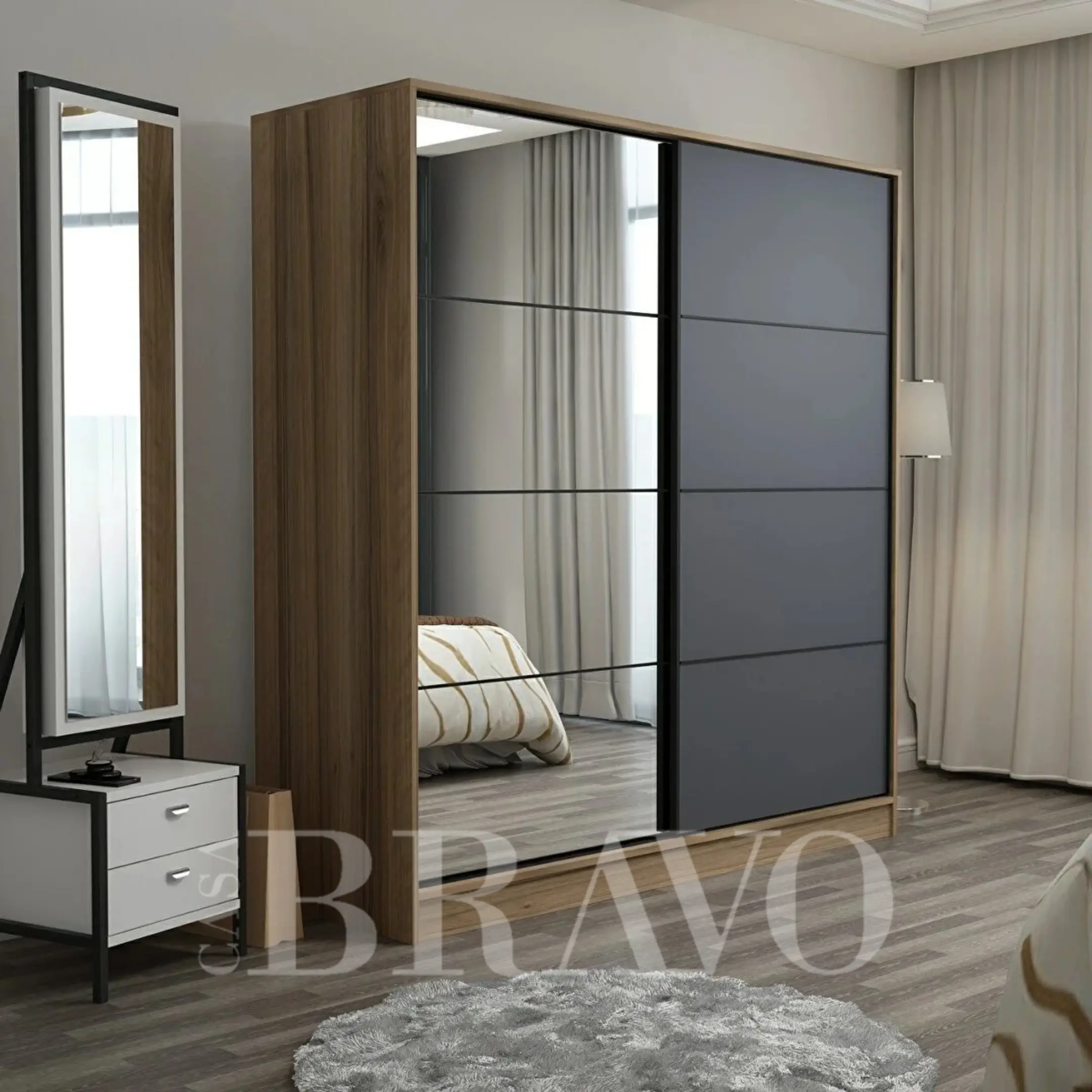Modern 2-Door Sliding Wardrobe with Mirror – L 220cm x H 210 cm x D 60cm