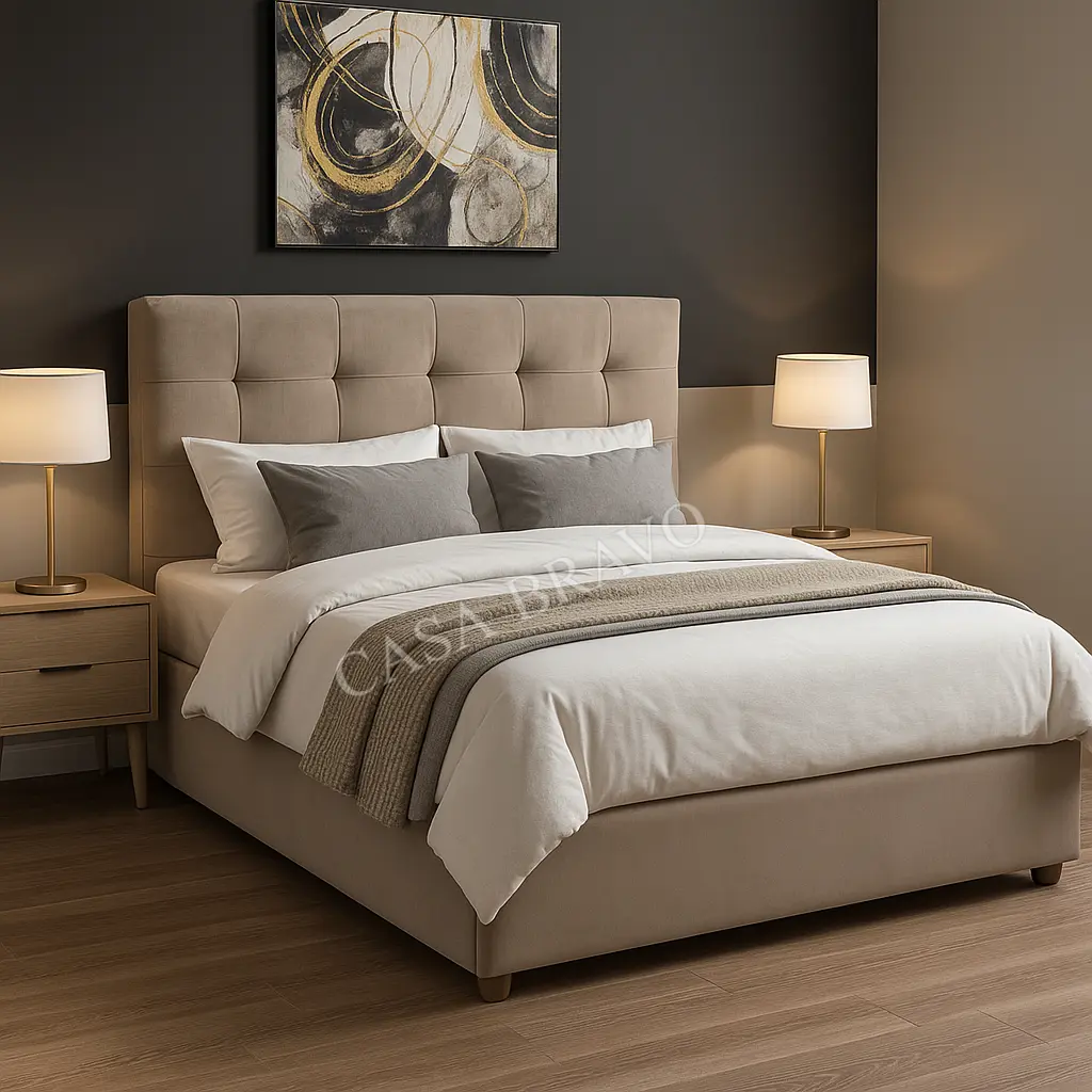 Minamilistic Soft Bed with High Headboard and Sturdy Base