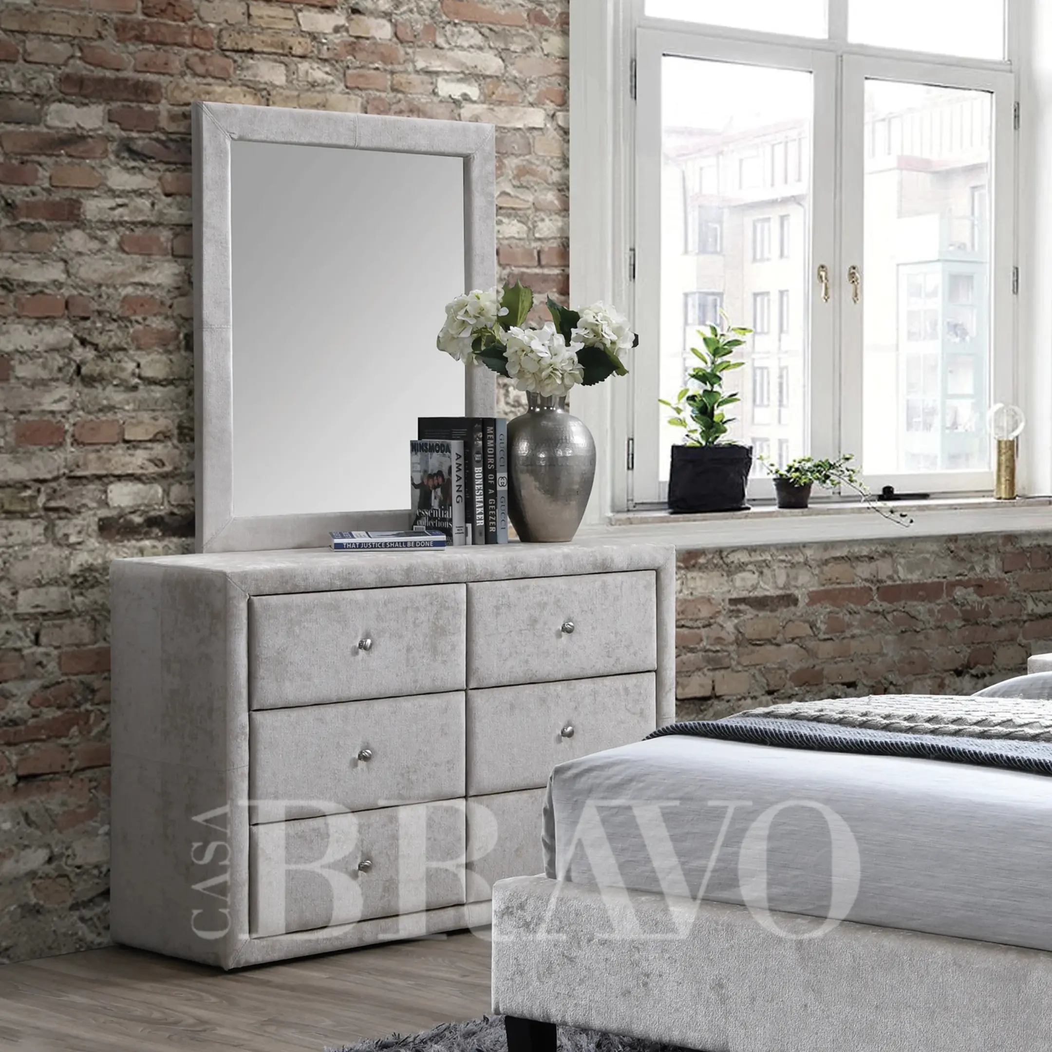 Luxury upholstered wardrobe set with six drawers and mirror - stylish modern bedroom storage