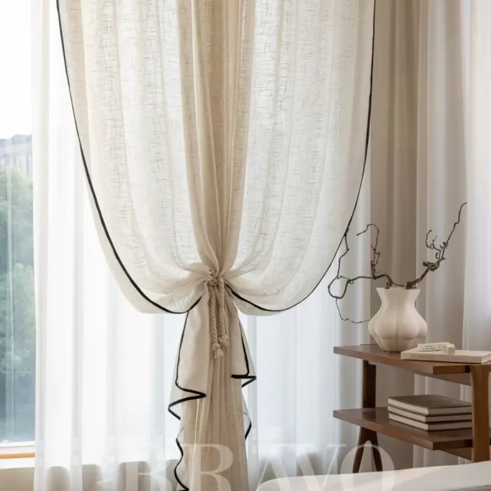 Elegant Linen Sheer Curtains with Black Piping – Minimalist Drapery for Modern Interiors