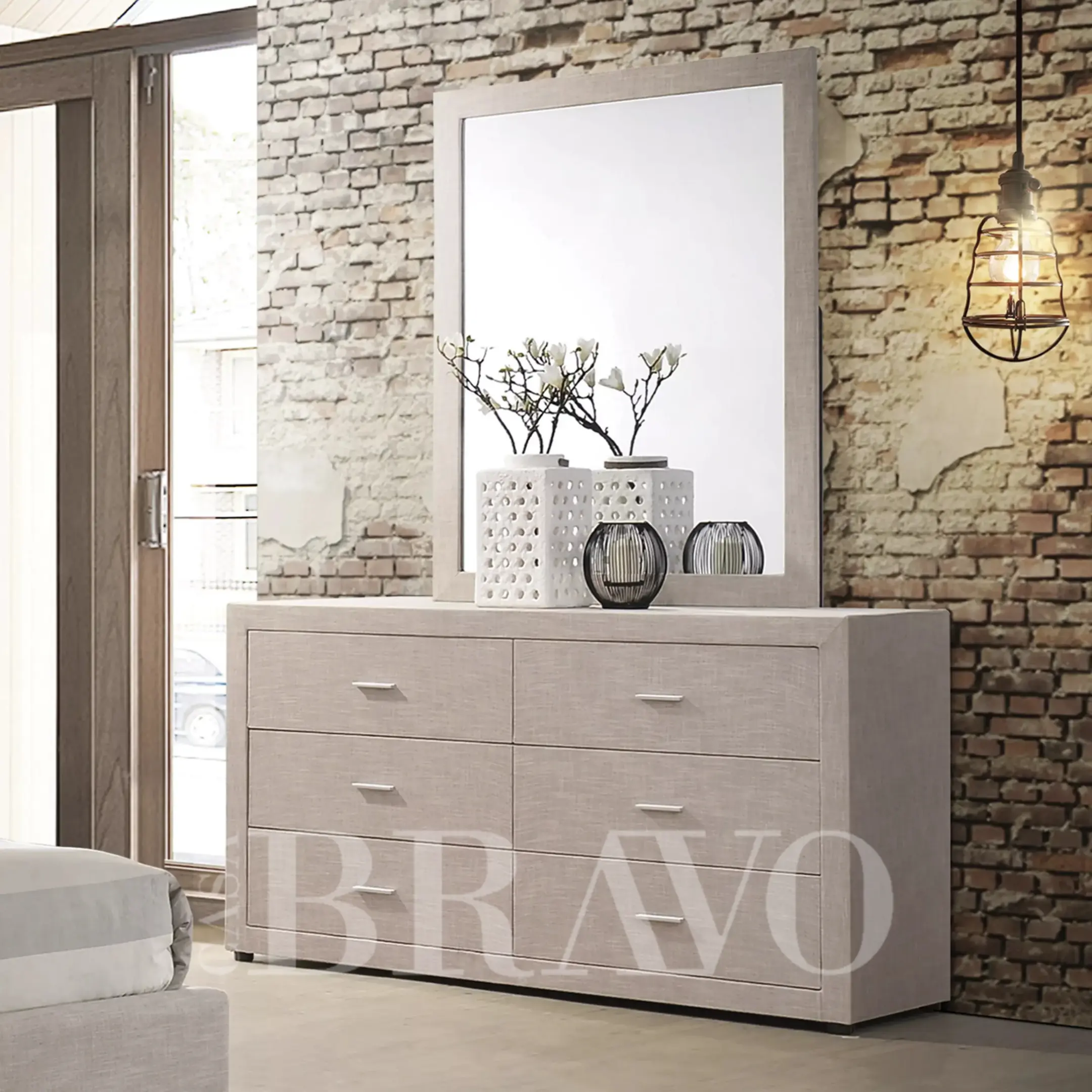 Upholstered wardrobe with mirror | Six-drawer fabric storage box for bedroom