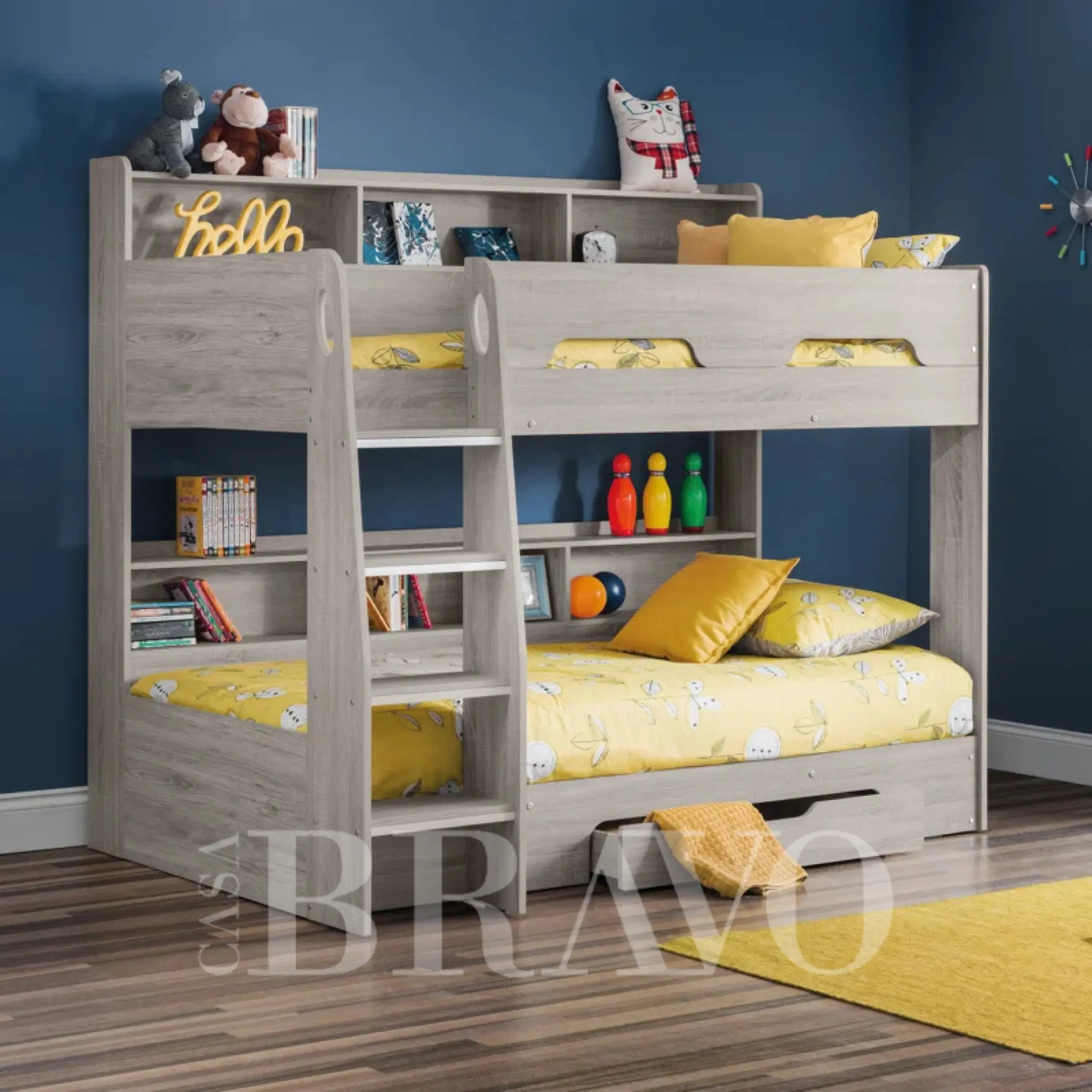 Modern white bunk bed with storage drawer and shelves - 90x200 cm
