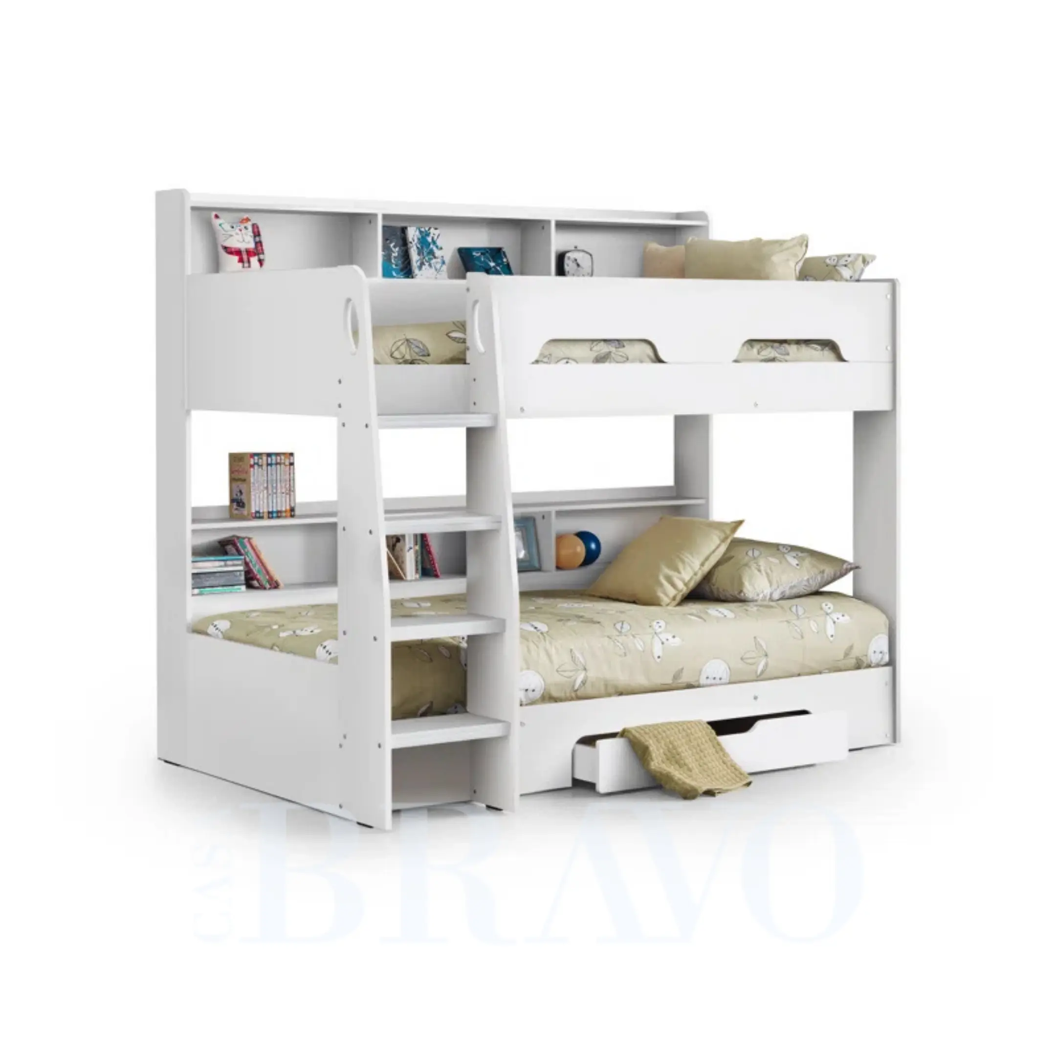 Modern white bunk bed with storage drawer and shelves - 90x200 cm