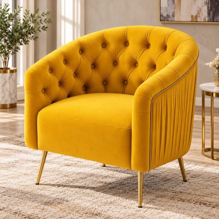 Mustard Yellow Velvet Accent Armchair with Button Tufted Backrest and Gold Colour Legs