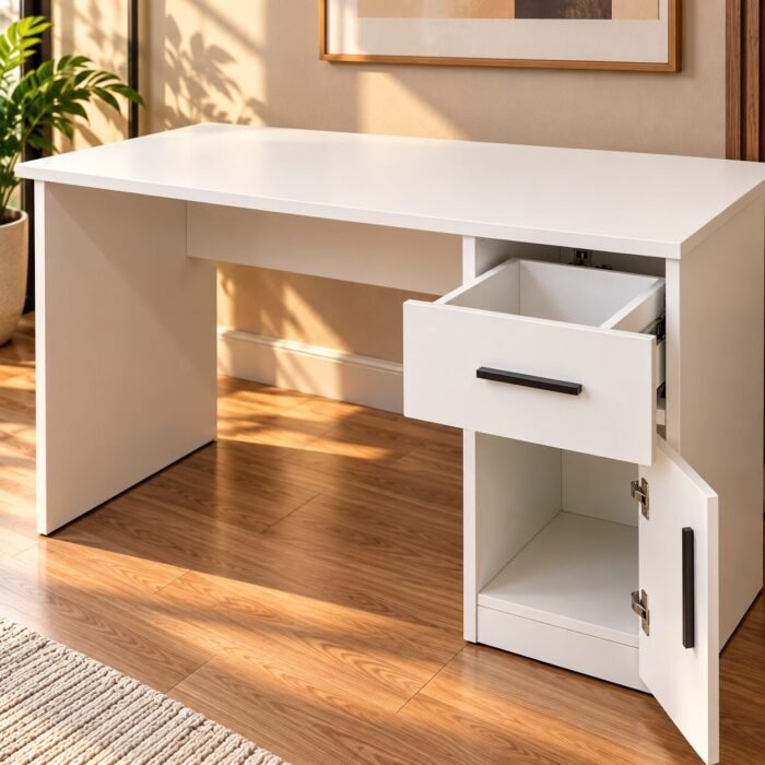 Sunlit Modern White Desk with Open Storage