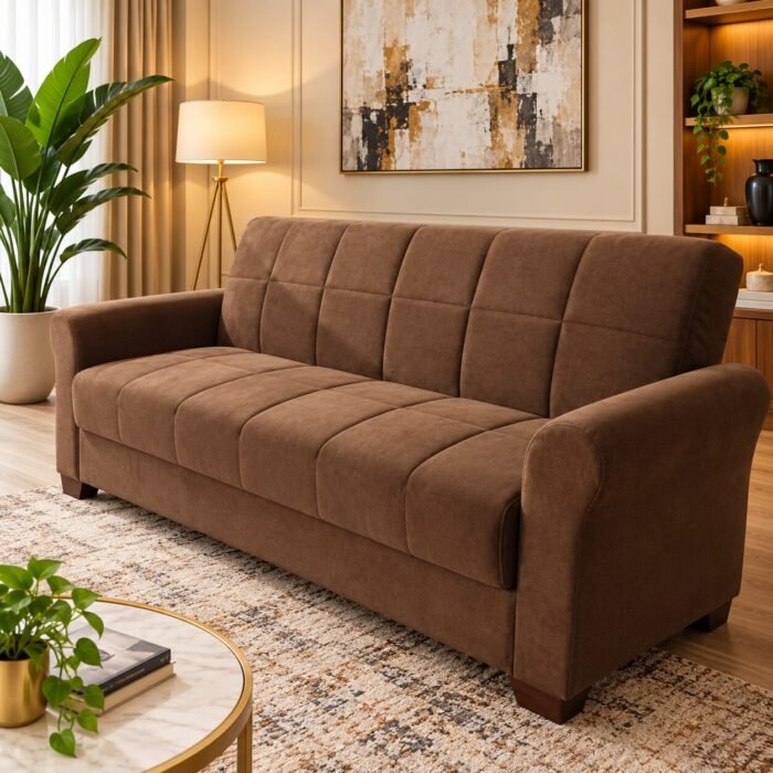 Brown 3 in 1 Sofa Bed with Fold-Flat Backrest and Two Matching Cushions