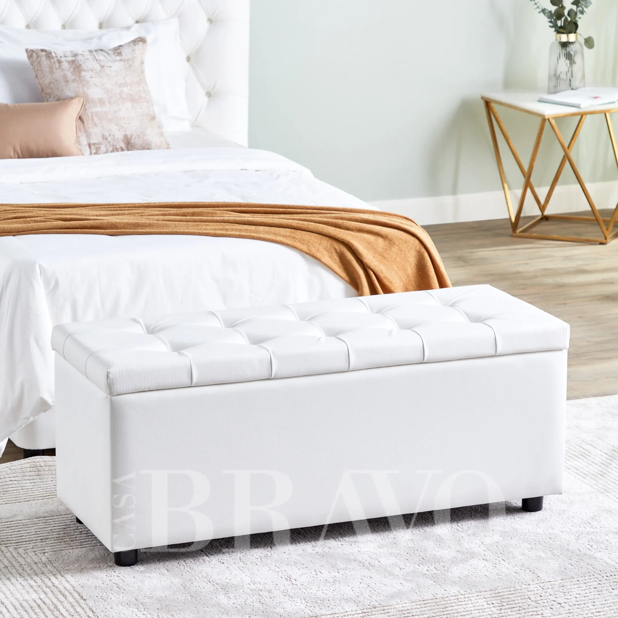 Modern Storage Bench  – White Upholstered Ottoman Bench