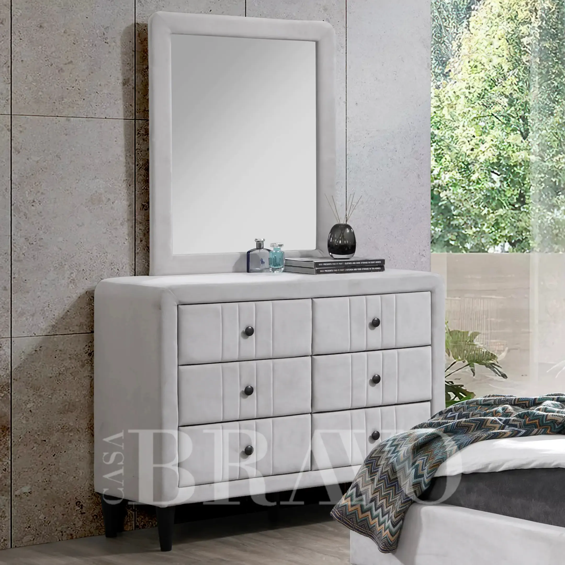 Luxury upholstered wardrobe set with six drawers and mirror - stylish modern bedroom storage
