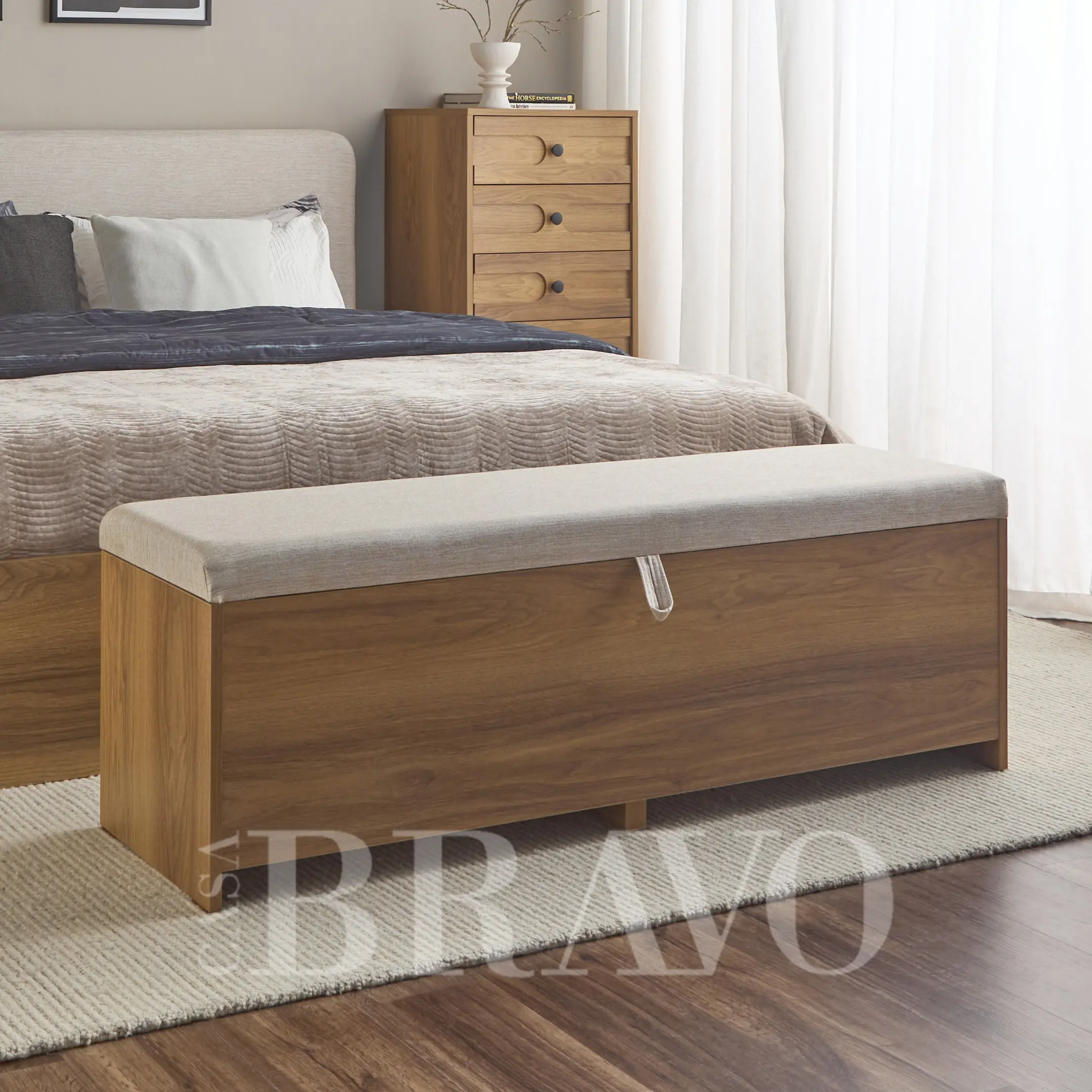 Modern Wooden Storage Bench with Pouf Set – Elegant Bedroom Organizer