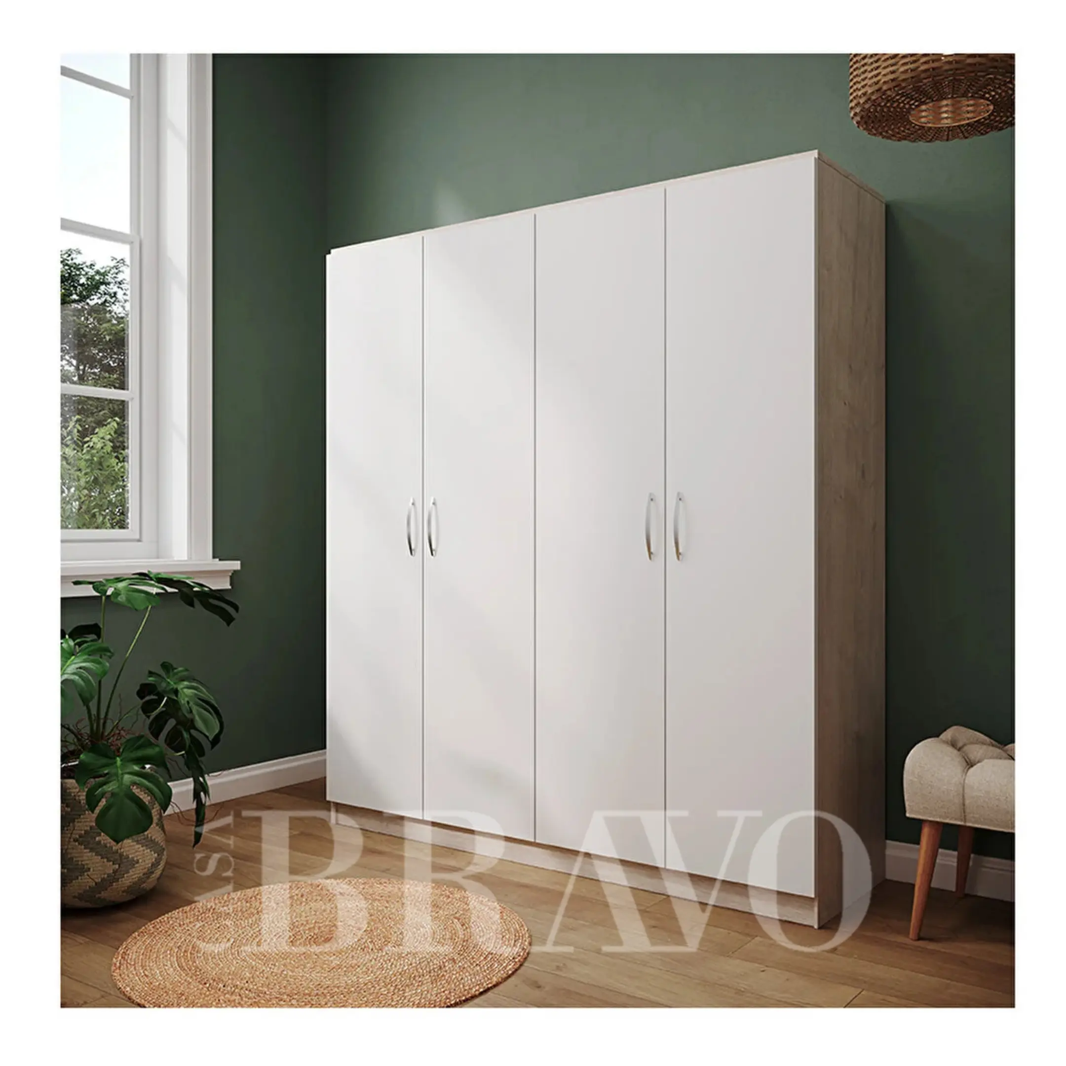 4-Door Spacious Wardrobe with Shelves & Hanging Space – 160cm (White & Oak Finish)