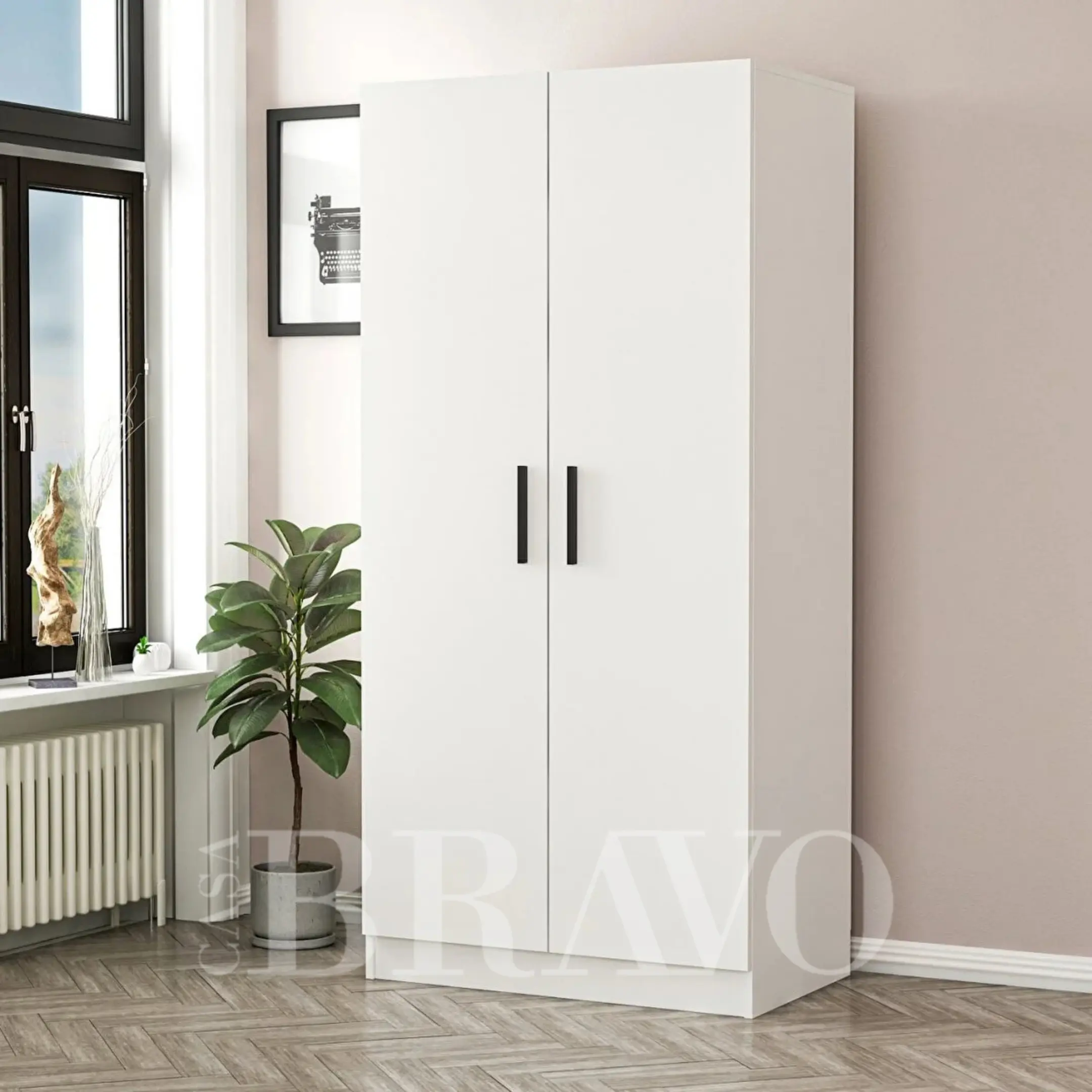 Modern 2-Door White Wardrobe with Double Hanging Rails – 90cm