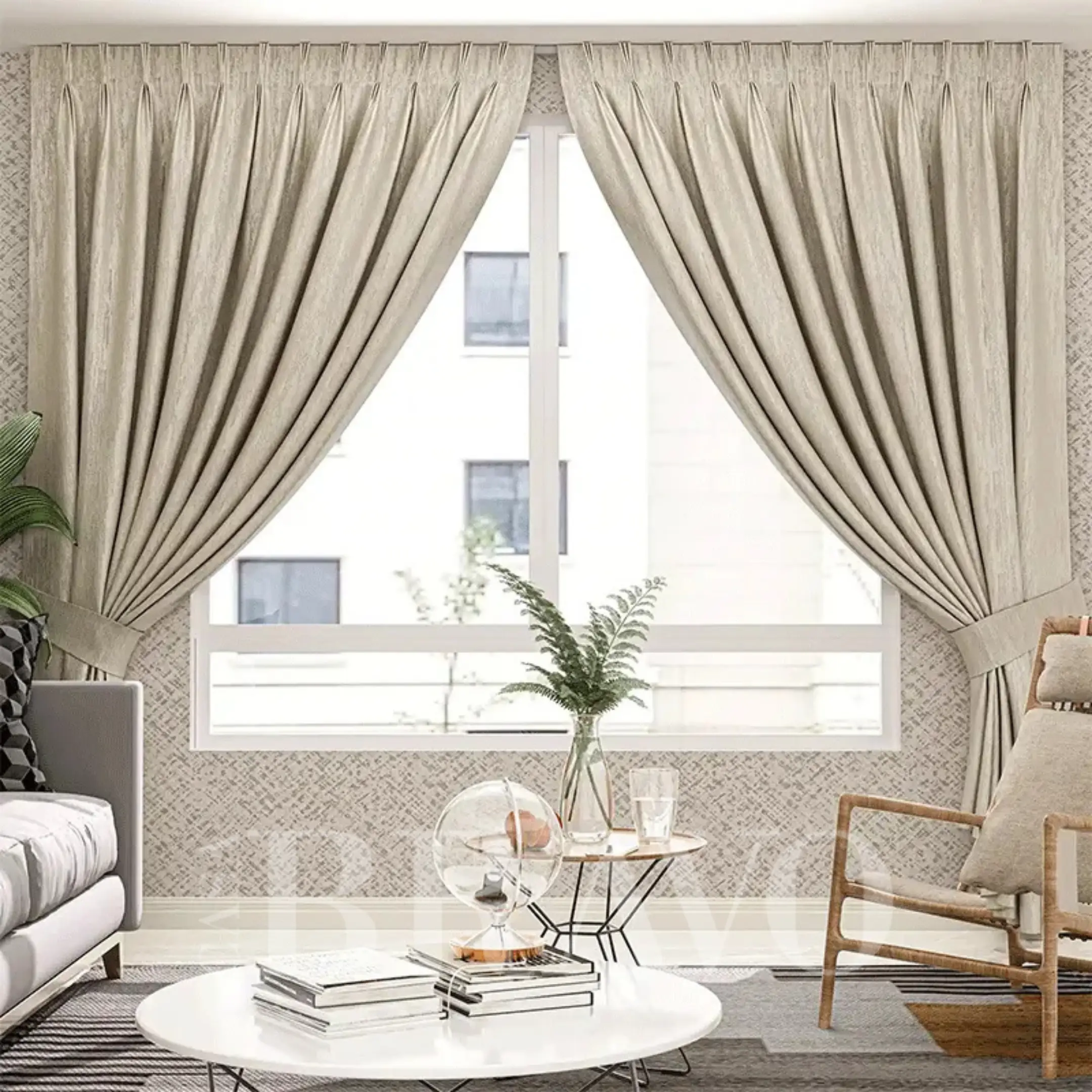 Luxury Pleated Beige Curtains – Elegant Light-Filtering Window Drapes by Casa Bravo