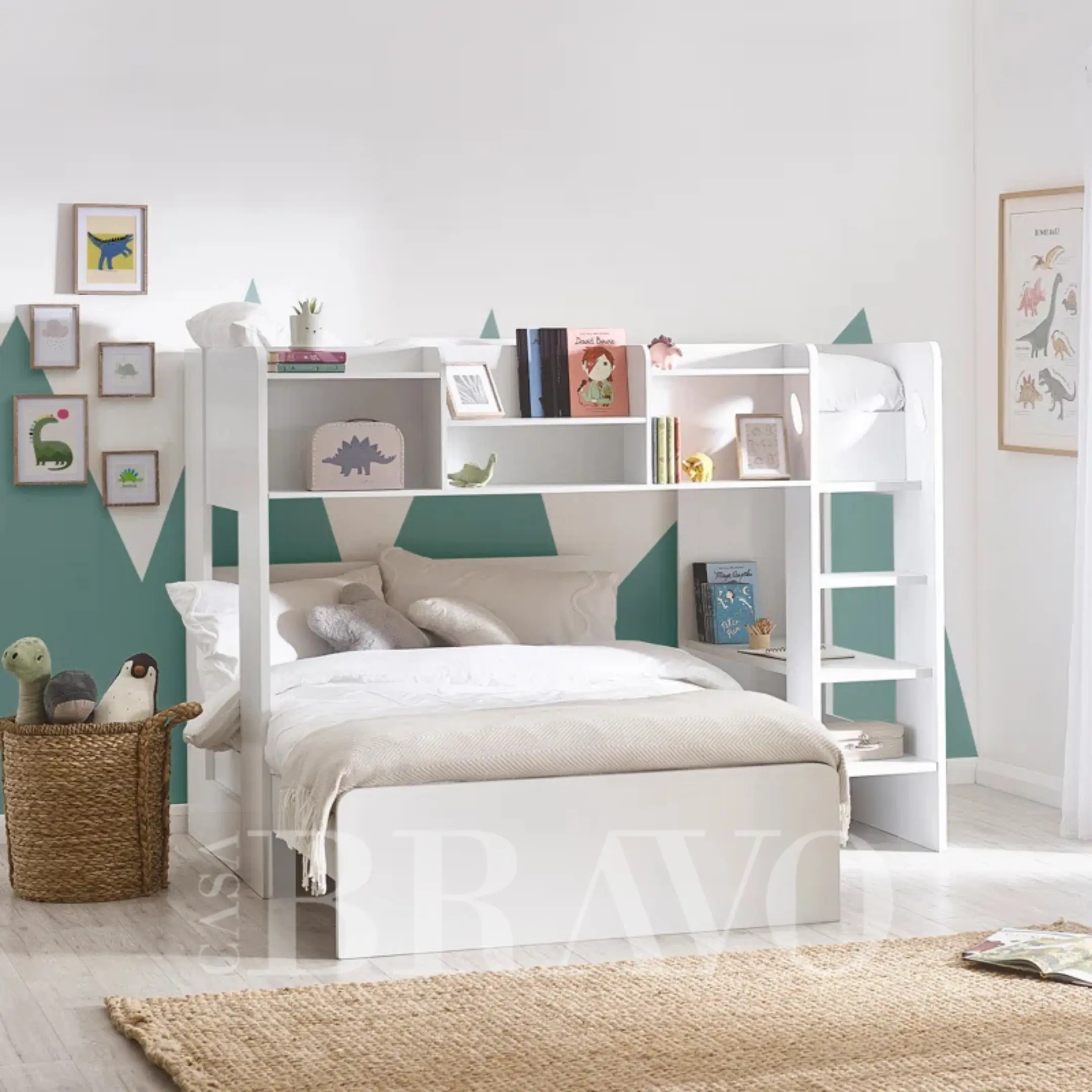 Modern wooden bunk bed set - open design, space-saving, for children, 90x200 cm