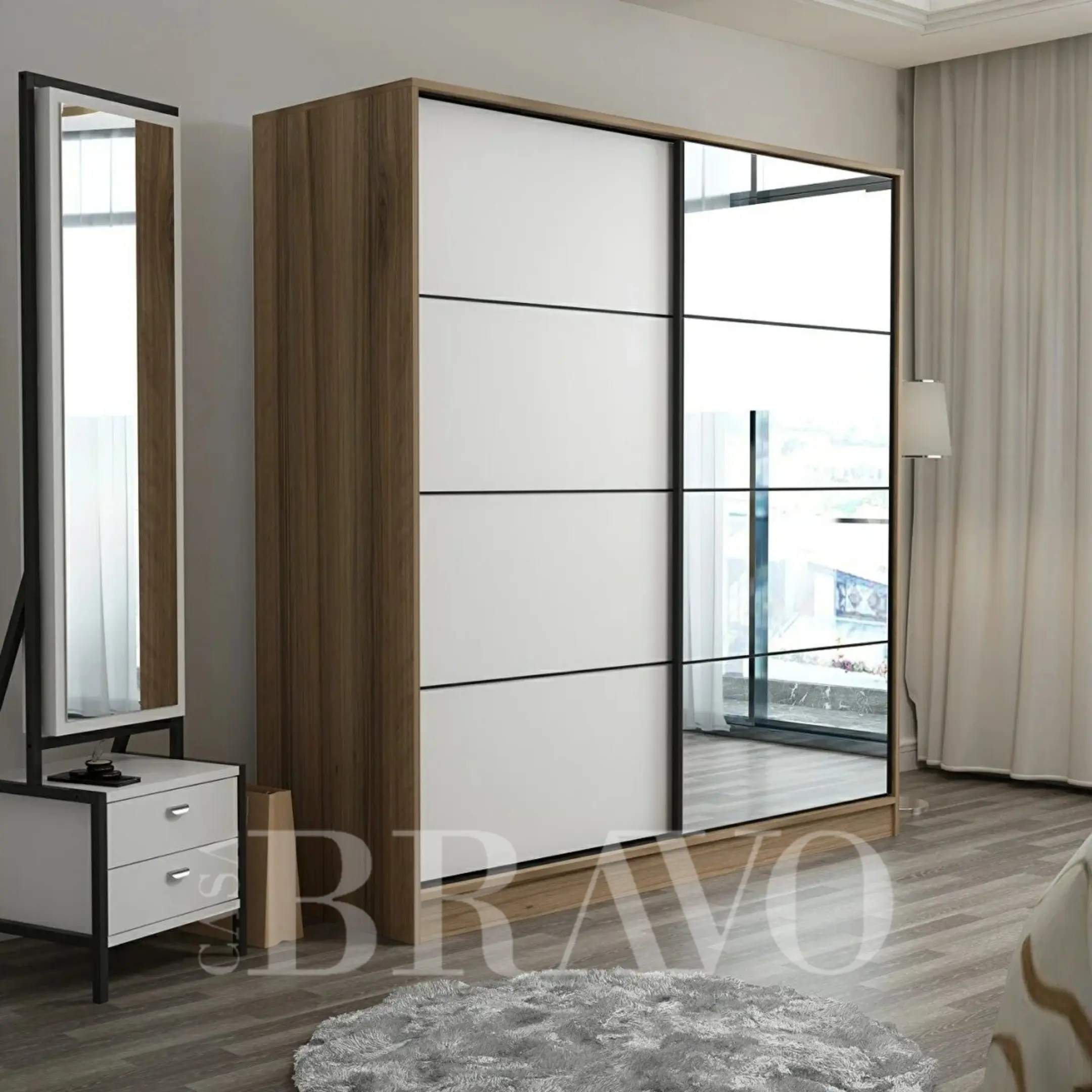 Modern Sliding Door Wardrobe with Mirror & Shelves – 180cm x 210cm x 60 cm