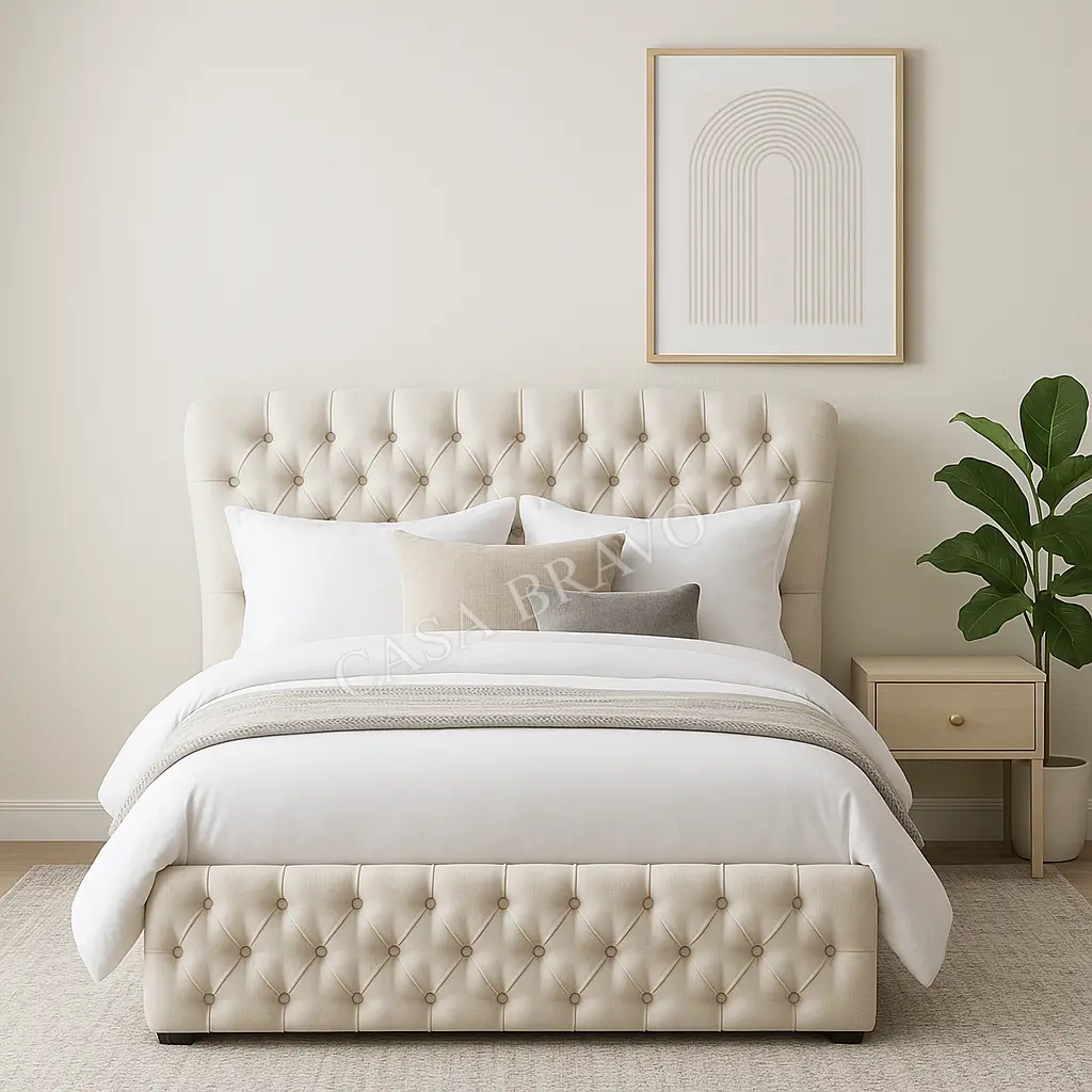 ArcoLuxe Bed – Sculpted Comfort with Timeless Neutrality