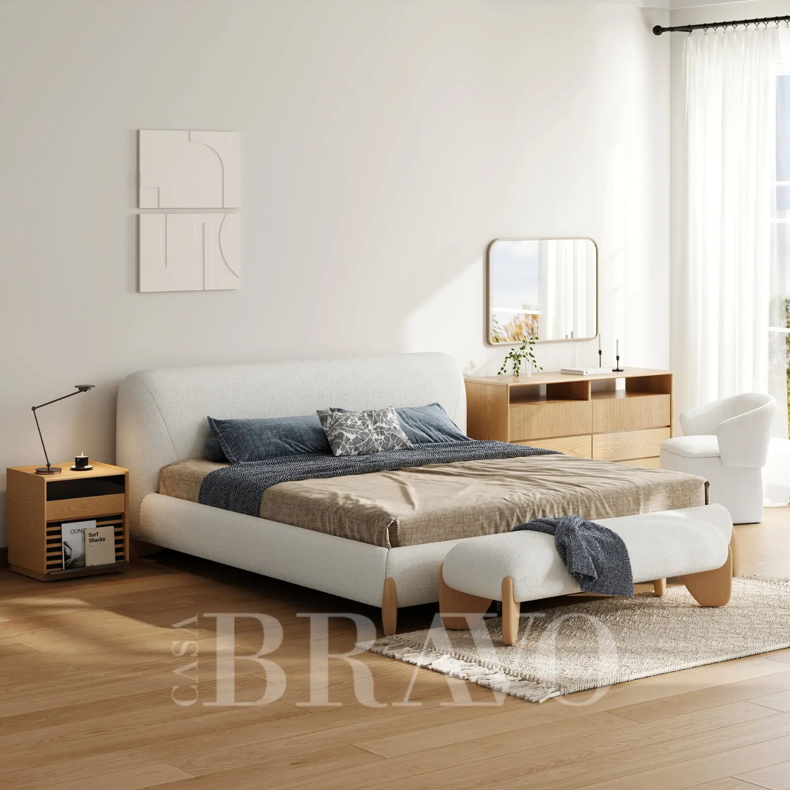 Lumora Curve Bed – Sculpted Simplicity with Modern Flow - Solid Wood Modern Legs