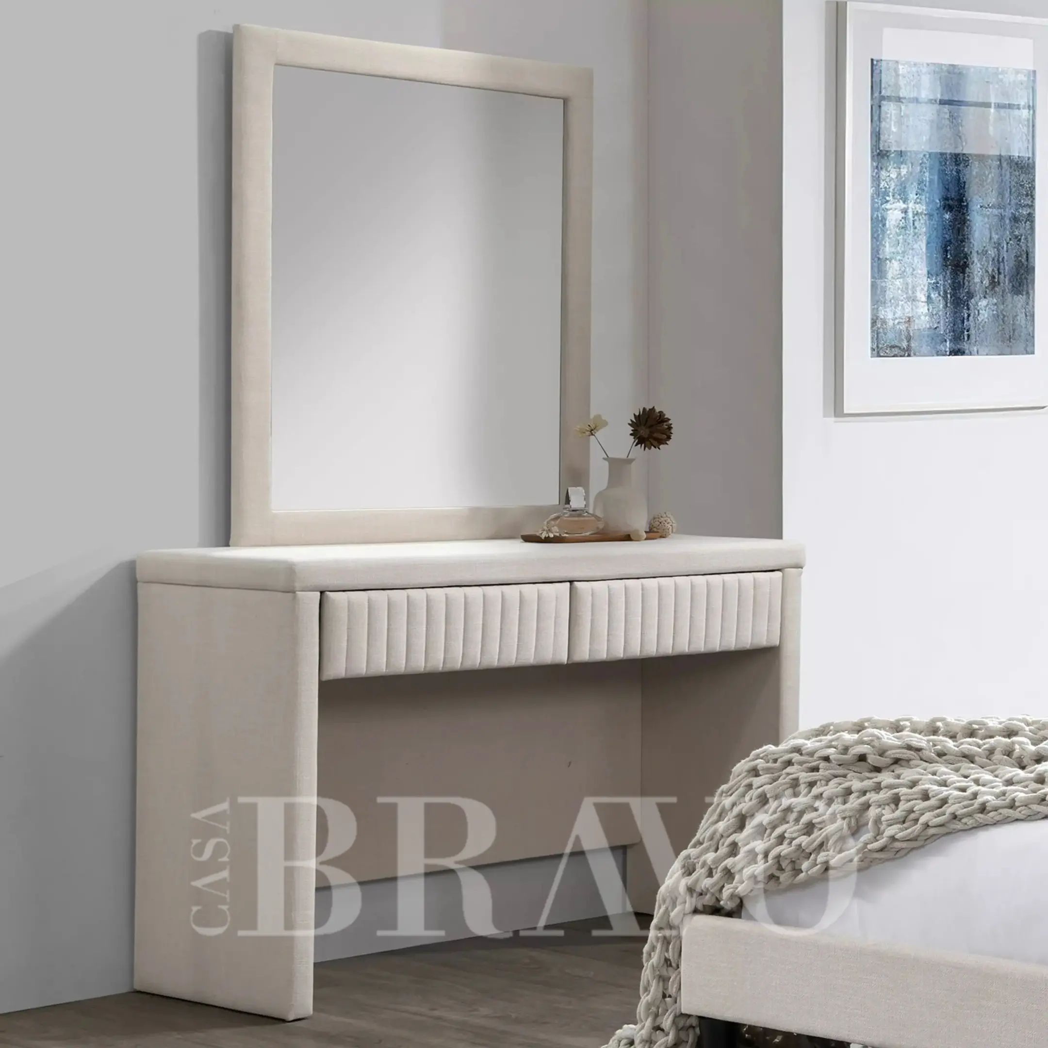 Upholstered wardrobe with mirror | Two fabric drawers for bedroom clothing storage
