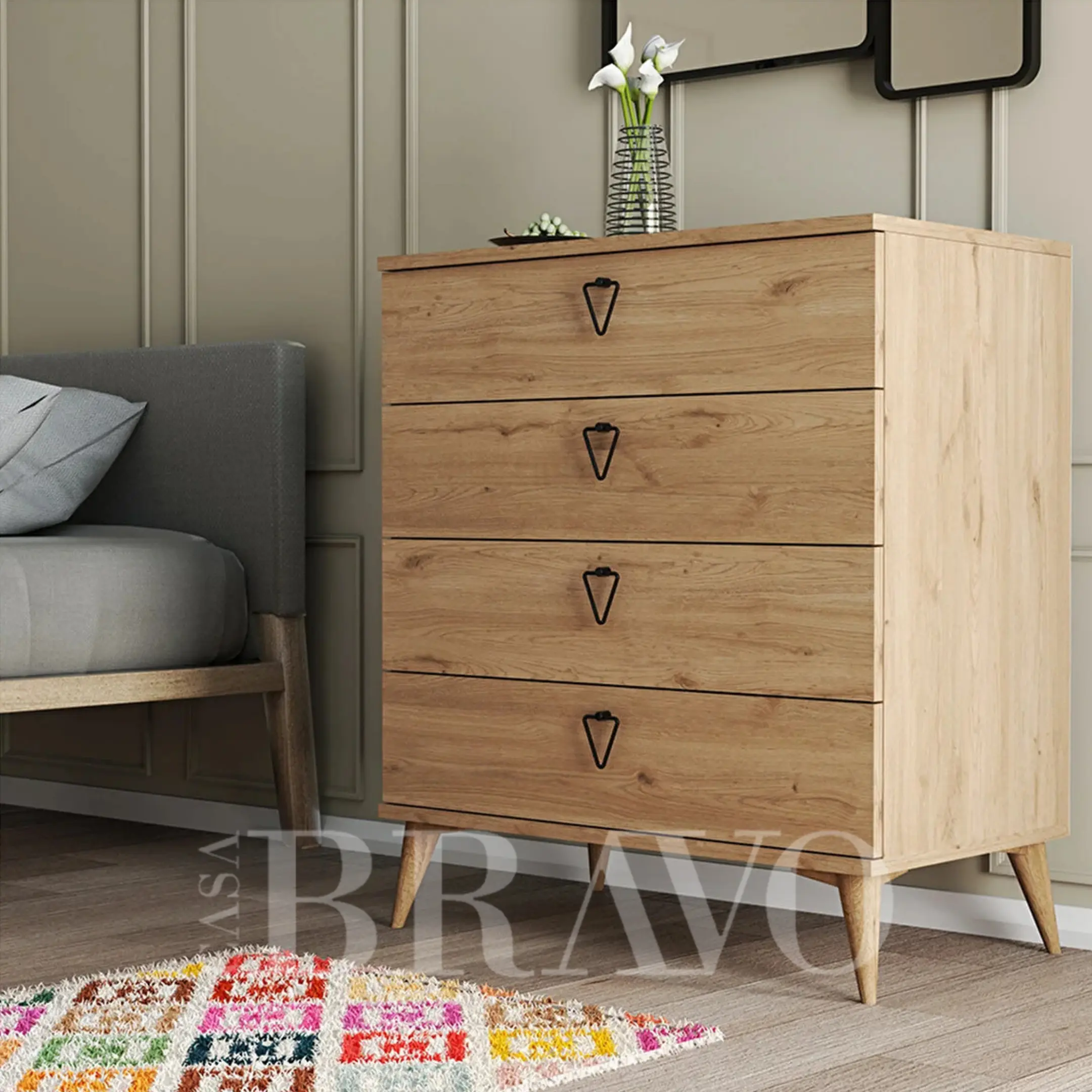 Modern four-drawer mid-century wardrobe | Natural wood finish wardrobe with tapered legs