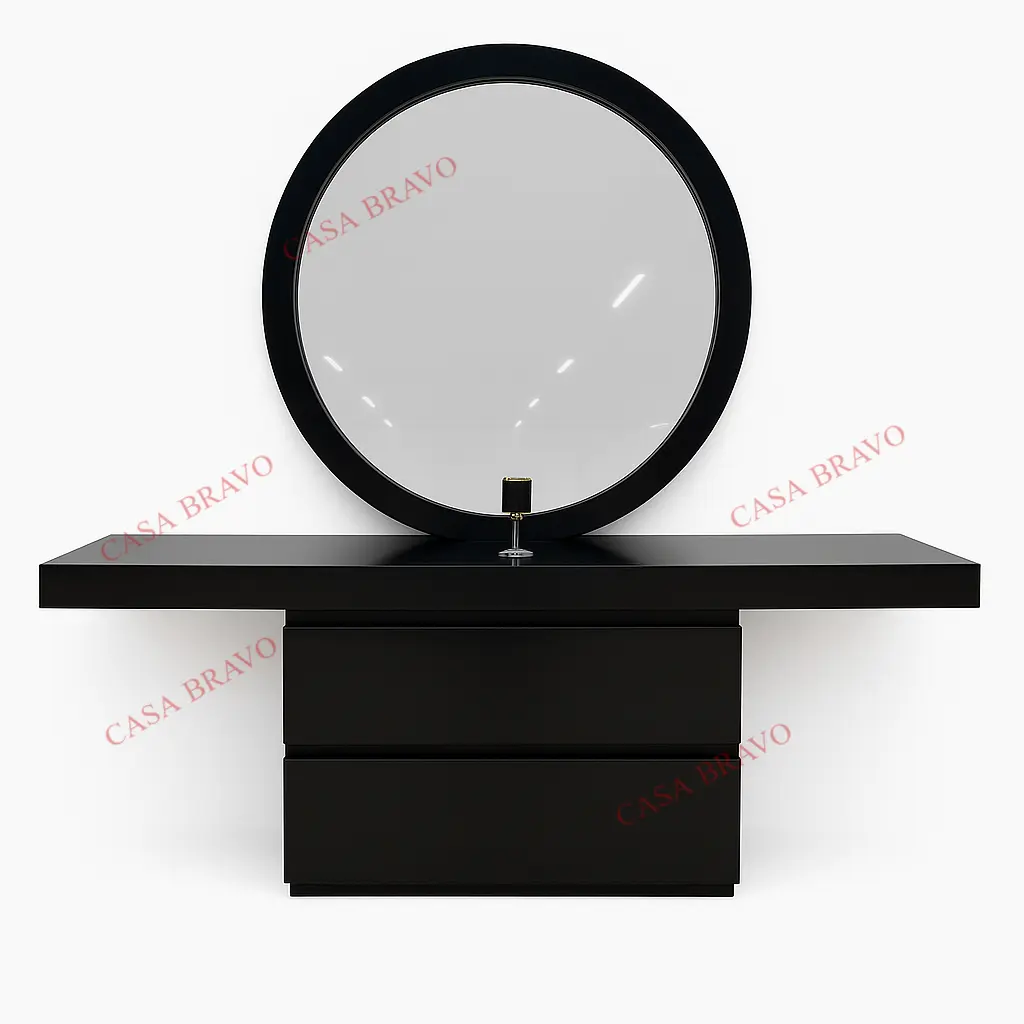 Modern black console table with round mirror - a simple and elegant design for a stylish interior