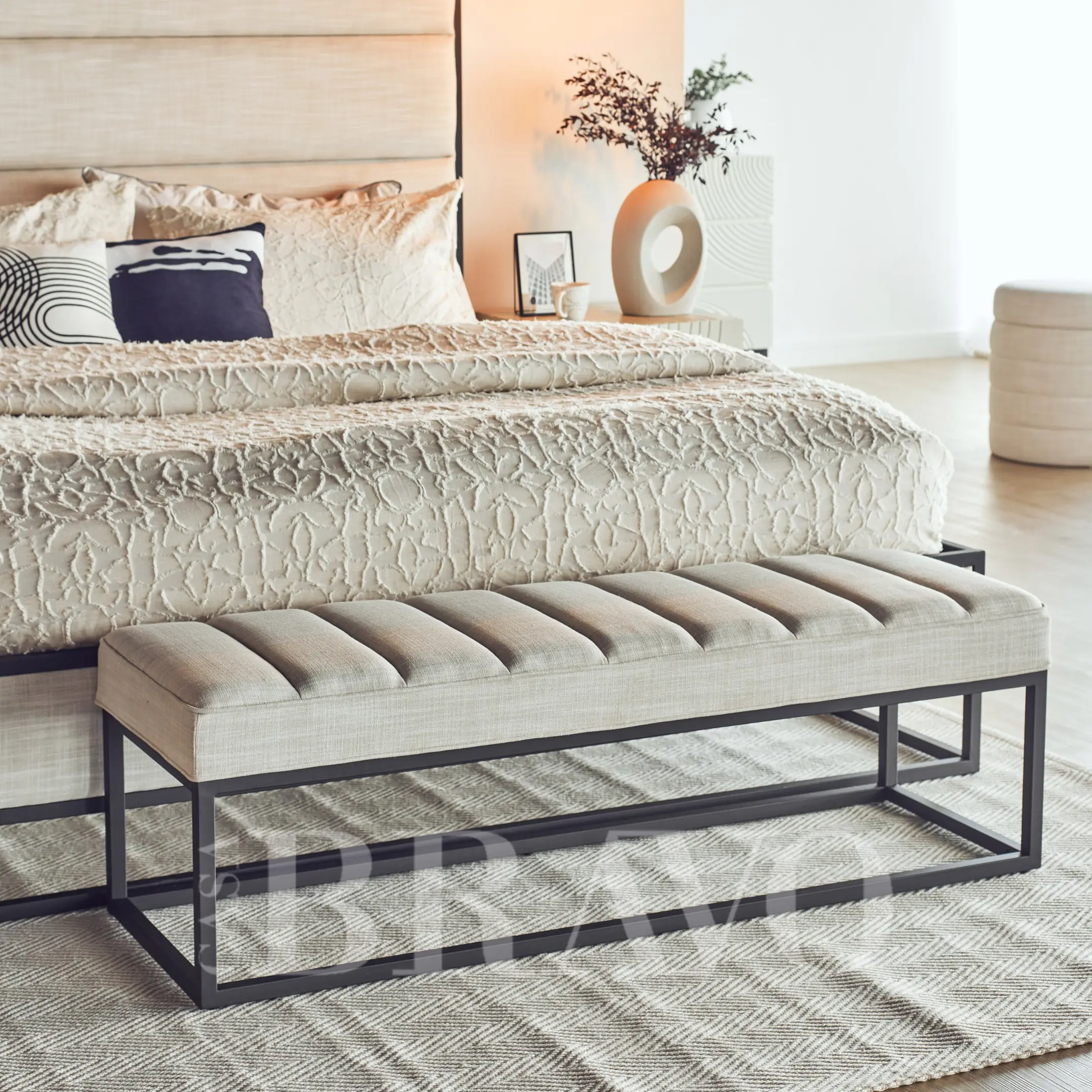 Modern Channel-Tufted Upholstered Bench - Industrial Frame Accent Seating