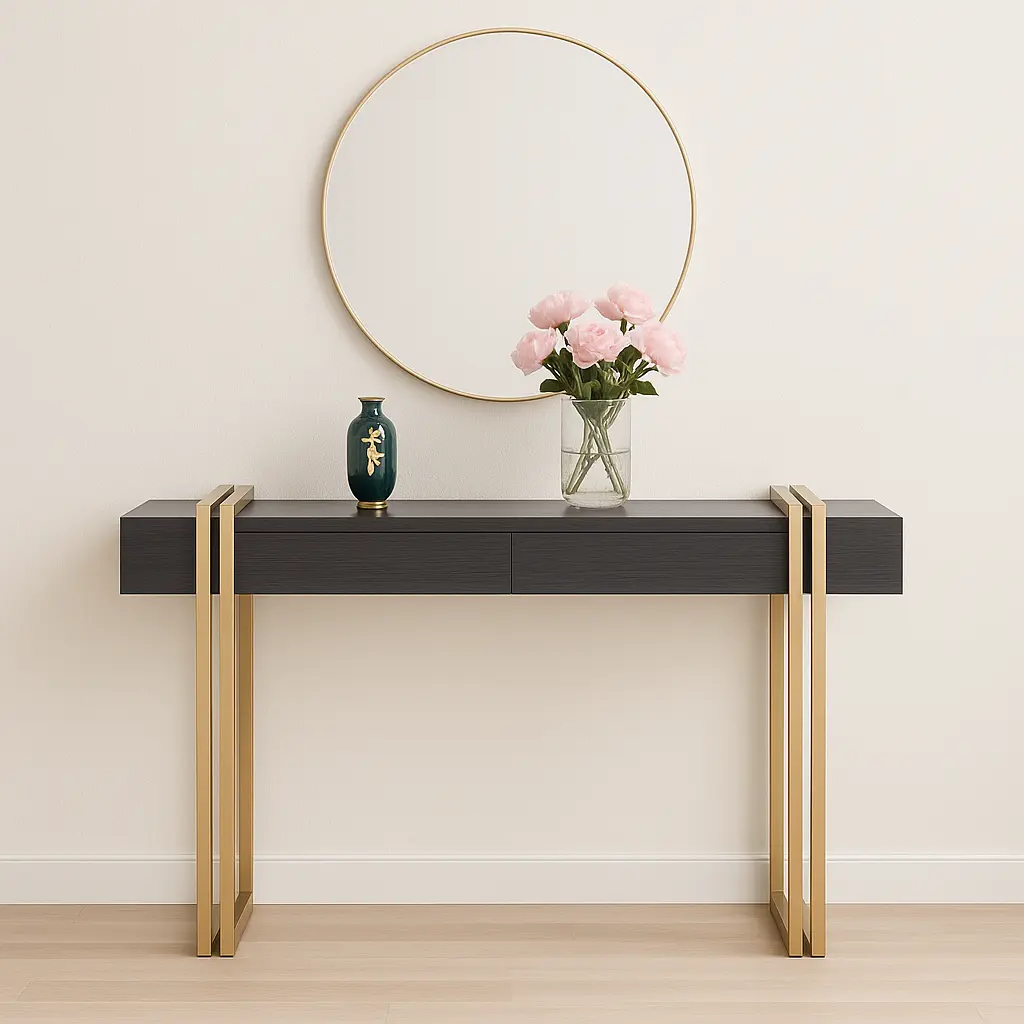 A luxurious, modern console table in black and gold with a mirror - an elegant touch for the entryway